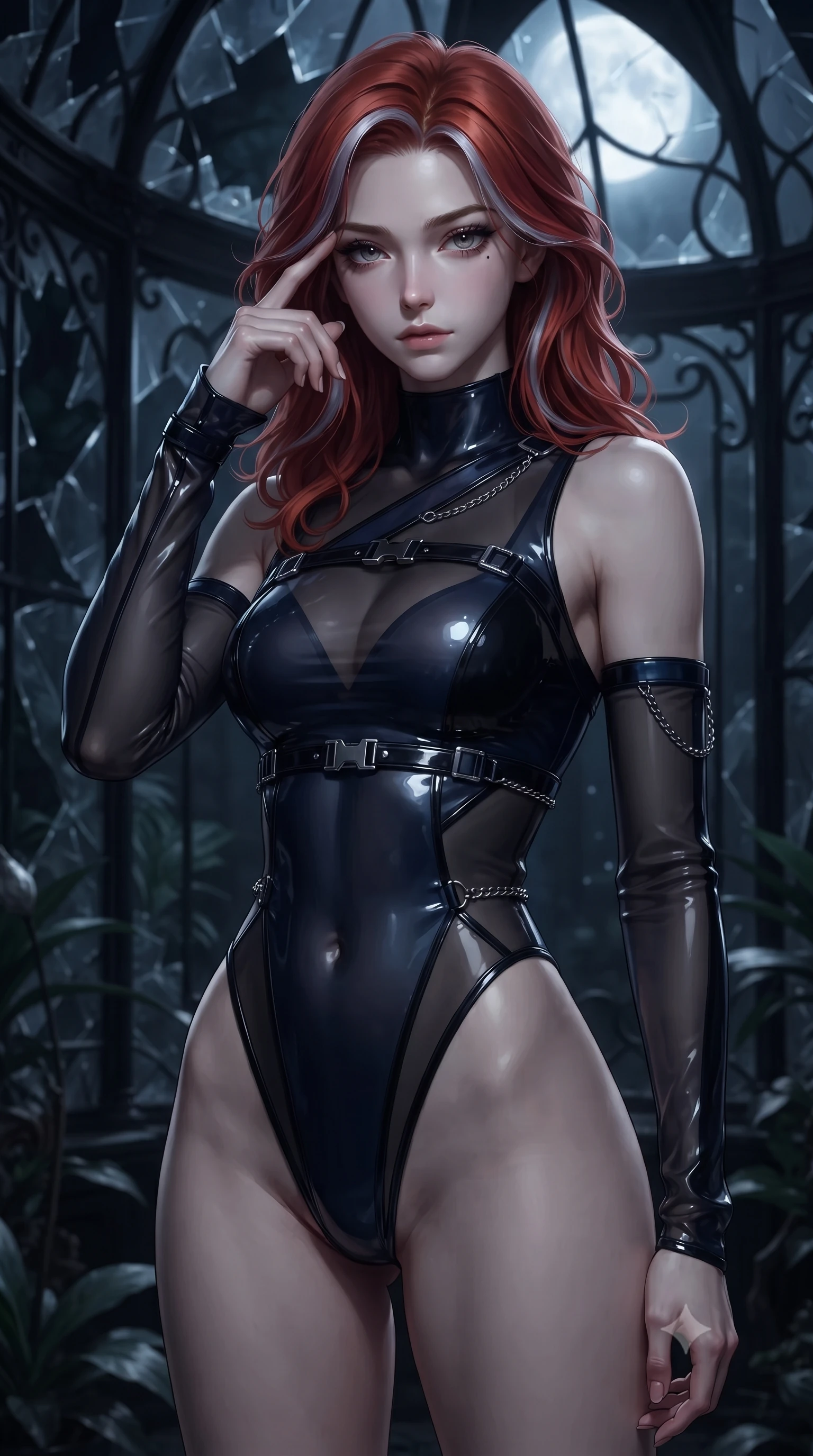 score_9, masterpiece, best quality, ultra-detailed, high-budget anime keyframe, editorial fashion photography, tasteful artistic composition, Caucasian woman. close-up cowboy shot from the waist and thighs up, the character dominates the composition, filling the frame with her large presence, background elements kept in soft focus. Pressing two fingers to her temple in a composed, sharp thoughtful gesture, inside an ancient Victorian dark glass greenhouse at midnight, shattered dark glass panes reflecting cold silver moon rays. She has an exceptionally elegant, slender, and willowy female figure with an ultra-slim waist, a gracefully sculpted slender torso, and a refined silhouette. sharp v-shaped jawline, high-bridge nose, intricate jewel-like eyes with depth, thick eyelashes, glossy lips with a natural sheen. wearing asymmetric high-cut cyber-bodysuit with detached sleeves in onyx black in midnight navy blue, made of sheer dark organza overlay, framed by dark titanium buckles and silver chain details, following her slender form with tailored precision. surrounded by dramatic gothic chiaroscuro with sharp silver rim lights. ultra-reflective glossy finish, specular highlights, metallic sheen, high-contrast stereoscopic depth, volumetric dynamic lighting, 2k, ultra detail, master piece, 9:16 ratio