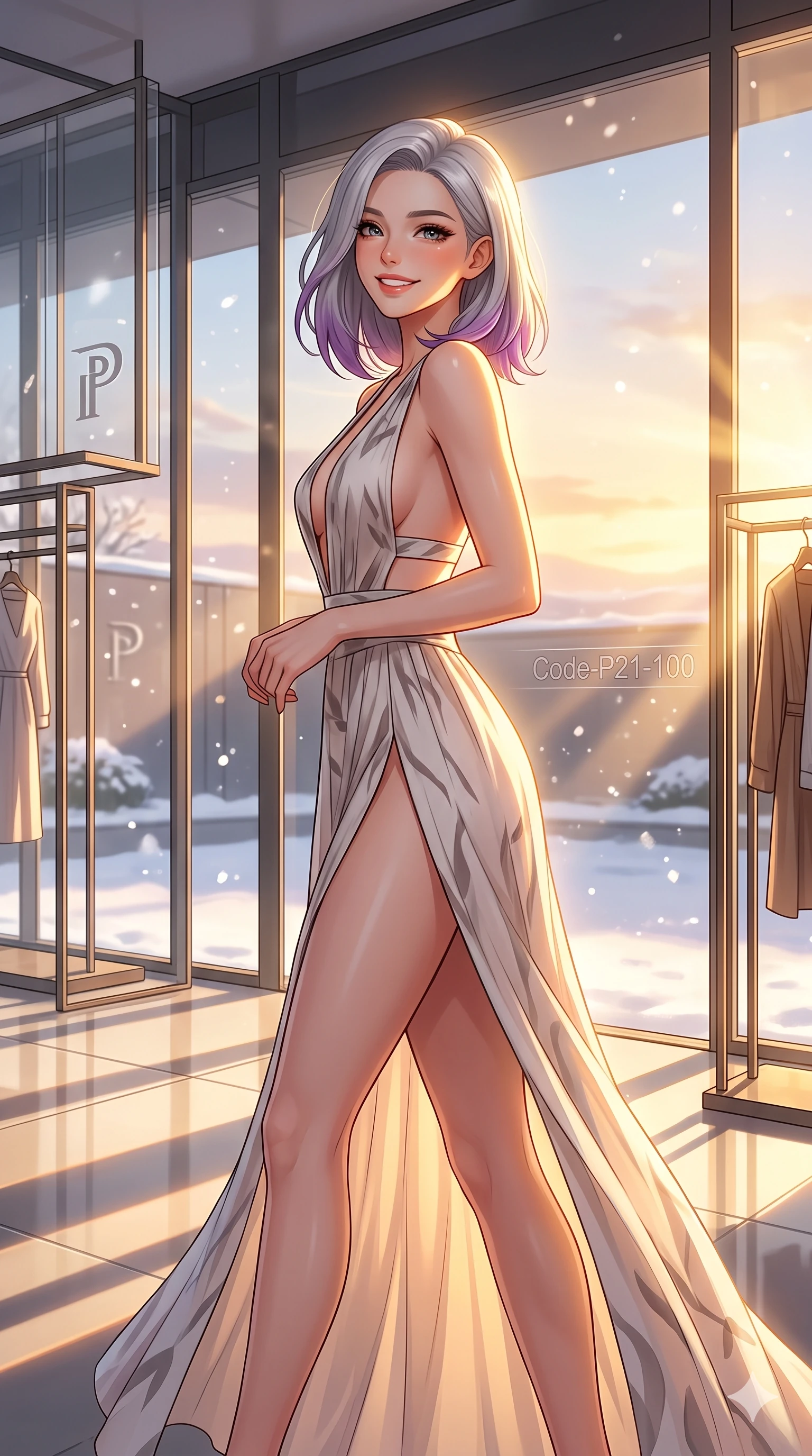 score_9, masterpiece, best quality, ultra-detailed, high-budget anime keyframe, vibrant anime aesthetic, Caucasian woman, strictly human ears. cowboy shot from the thighs up, character and outfit filling the frame for maximum presence. She is standing tall, looking over her shoulder with a radiant, smiling expression in snow inside a chic designer showroom with winter sunbeams (Code-P21-100). She has an absolutely perfect 8-heads proportion, an exceptionally tall and slender female figure with impossibly long slender legs and an ultra-slim waist. V-shaped jawline, high-bridge nose, intricate jewel-like eyes with depth, thick eyelashes, glossy lips with a natural sheen. wearing a high-slit resort dress with plunging neckline and side cutouts in winter. She is glowing with warm winter sunset light radiating from the horizon, casting a golden aura. 2k, ultra detail, master piece, 9:16 ratio