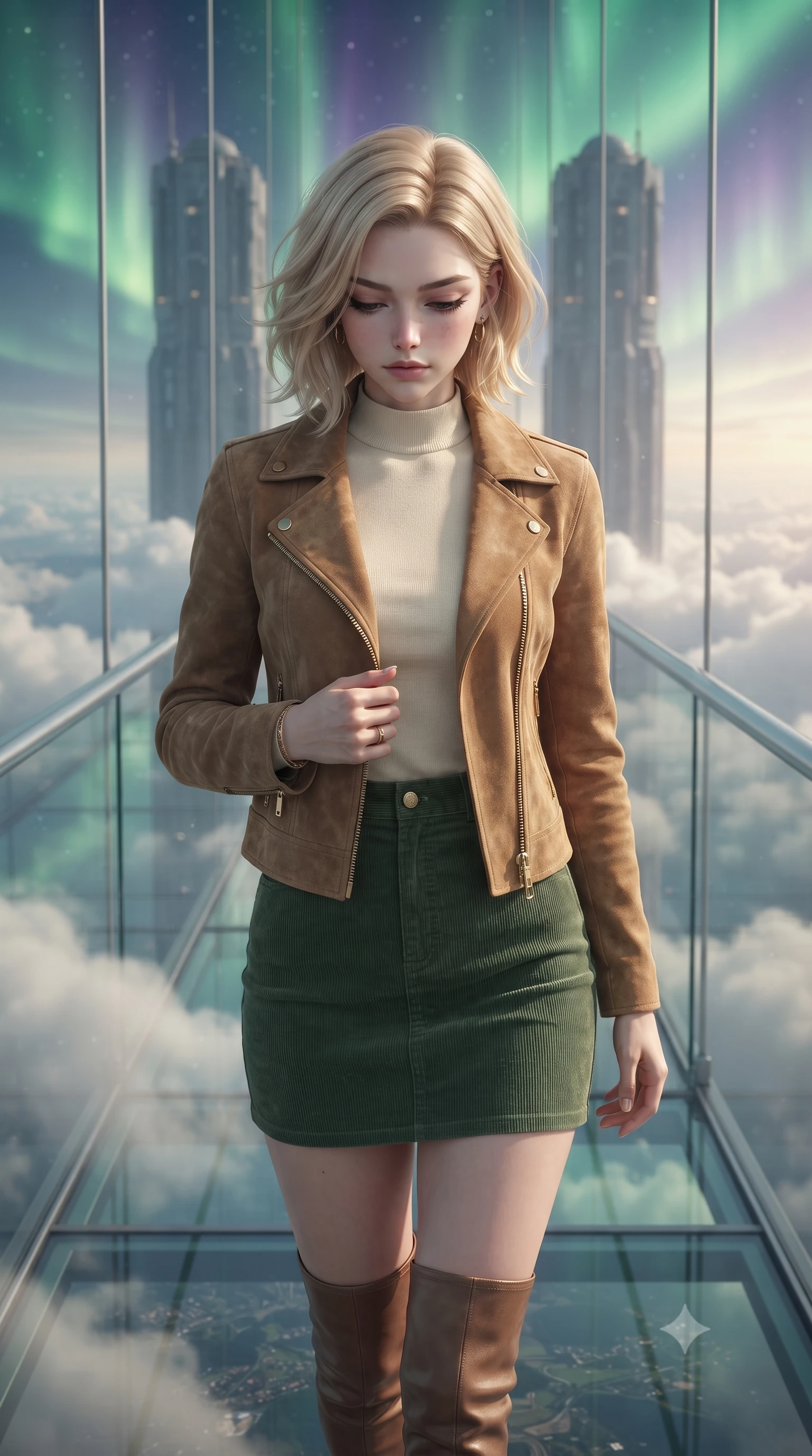 score_9, masterpiece, best quality, ultra-detailed, high-budget anime keyframe, editorial fashion photography, tasteful artistic composition, Caucasian woman, strictly human ears. close-up cowboy shot from the waist and thighs up, the character dominates the composition, filling the frame with her large presence, background elements kept in soft focus. Looking down with lowered lashes and a composed powerful expression. set against a soft-focus background of a narrow glass-walled and glass-floored bridge suspended between two cloud-piercing towers with wind-swept clouds drifting at the same altitude and nothing but sky and distant earth visible in every direction. She has an exceptionally elegant and slender, willowy female figure with an ultra-slim waist, a gracefully sculpted slender torso, and a refined slim physique. sharp v-shaped jawline, high-bridge nose, intricate jewel-like eyes with depth, thick eyelashes, glossy lips with a natural sheen. wearing a rustic tan suede jacket over a cream mock-neck top and a forest green corduroy mini skirt. illuminated by a shifting aurora palette of green violet and gold from above. 2k, ultra detail, master piece, 9:16 ratio