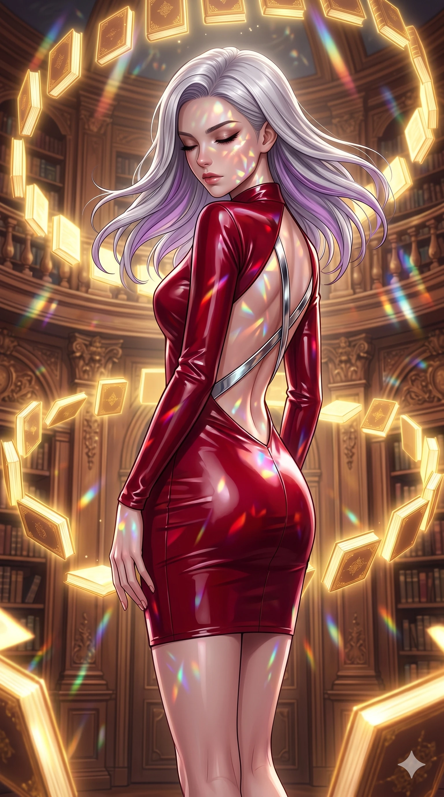 score_9, masterpiece, best quality, ultra-detailed, high-budget anime keyframe, editorial fashion photography, tasteful artistic composition, Caucasian woman, strictly human ears. cowboy shot from the thighs up, character and outfit filling the frame for maximum editorial presence. Looking down with lowered lashes and a composed, powerful expression amidst a baroque library where glowing golden books orbit in slow spiral patterns. She has an absolutely perfect 8-heads proportion, an exceptionally tall and slender female figure with impossibly long slender legs and an ultra-slim waist. V-shaped jawline, high-bridge nose, intricate jewel-like eyes with depth, thick eyelashes, glossy lips with a natural sheen. wearing a structured deep-cherry-red fashion-latex fitted dress with a clean architectural front and a dramatic open-back design with a single criss-cross strap in chrome across the open-back design. lit by mirror-reflected prismatic spotlights creating geometric light patterns that play across her body. 2k, ultra detail, master piece, 9:16 ratio