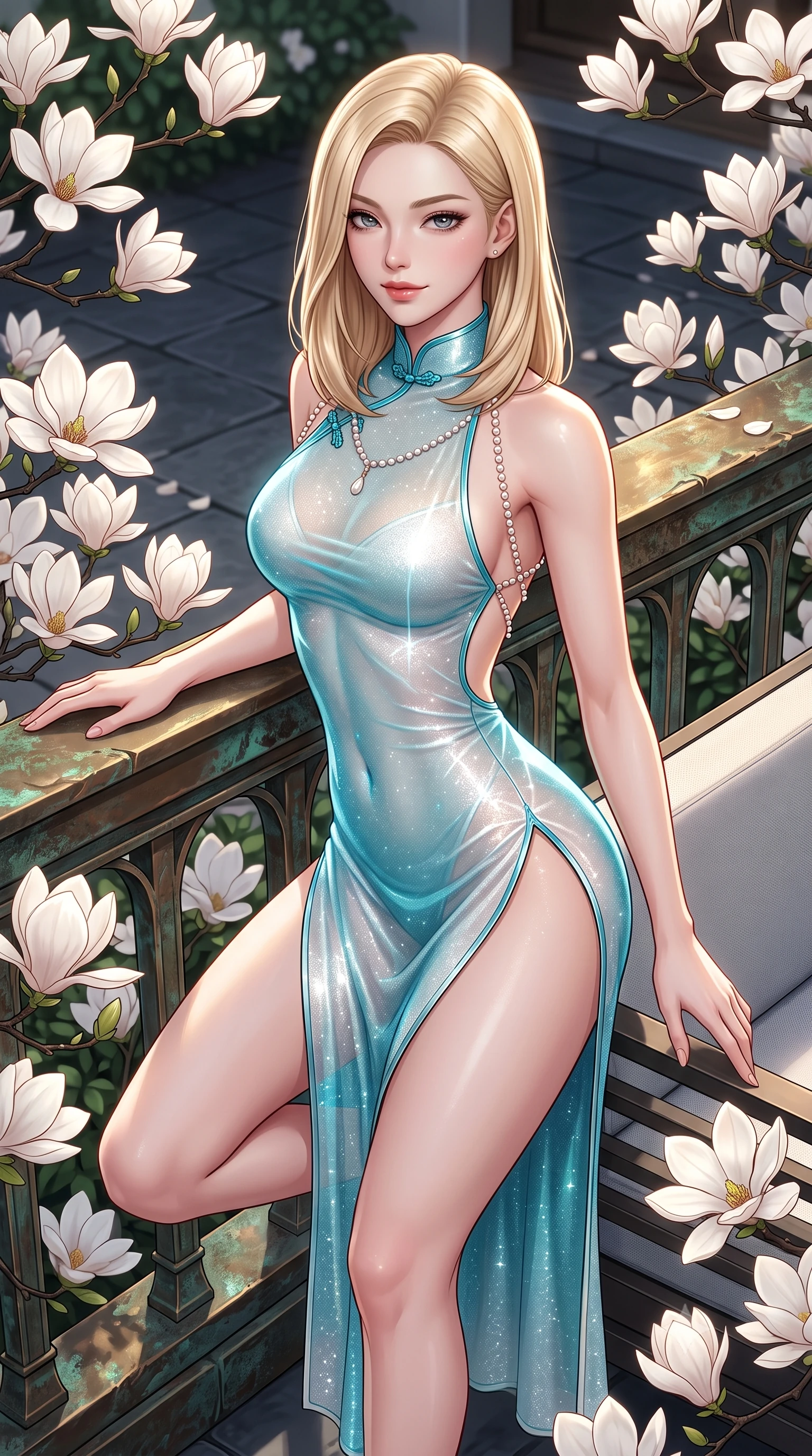 score_9, masterpiece, best quality, ultra-detailed, high-budget anime keyframe, semi-realistic 3D game render, editorial fashion photography, tasteful artistic composition, Korean woman. close-up cowboy shot from the waist and thighs up, the character dominates the composition, filling the frame with her large presence. perched sideways on the lounge seat, one knee drawn up to showcase her slender leg line while her arched back accentuates her feminine hip curve while leaning against the bronze garden parapet surrounded by blooming white magnolias with hips cocked back, casting an intoxicating smoldering glance. The surrounding environment is rendered in vivid detail and crisp panoramic clarity: sharp magnolia flower petal veins, weathered bronze railing patina, and dark slate paver joints in deep focus. She has an exceptionally elegant, slender, and willowy female figure with an ultra-slim waist, flat toned midriff, narrow ribcage, and sculpted feminine hips creating an alluring, slim hourglass silhouette without bulk. sharp v-shaped jawline, high-bridge nose, sparkling eyes with hypnotic seductive depth, thick curled eyelashes, glossy parted lips with a natural dewy peach sheen, alluring bedroom-eyes with an enchanting coquettish smile, exuding magnetic siren charisma and sophisticated glamour, flawlessly proportioned anatomical accuracy, strict slender model proportions, natural body alignment, perfectly sculpted long slender limbs, ultra-slim waistline, clean dynamic posture without body distortion. wearing a modern cheongsam-inspired form-fitting sheer mesh cocktail dress with mandarin collar and dramatic hip-high side slits in Maldives ocean cyan and shimmering pearl white, woven from stretch metallic lurex jersey casting radiant starlight glints across her silhouette, accented with a pearl-drop body harness subtly framing her dewy collarbones and spine, the precision-cut side openings and low-back scoop framing her graceful spine and the sensual sweep of her slim, toned hips. illuminated by slate deck reflection bounce and sharp platinum-gold rim lights defining her delicate clavicles, ultra-slim waist, and curvy hips. highly saturated vibrant anime colors, detailed shading with soft gradients, rich glossy textures, high-contrast stereoscopic depth, volumetric dynamic lighting, master piece, 9:16 ratio