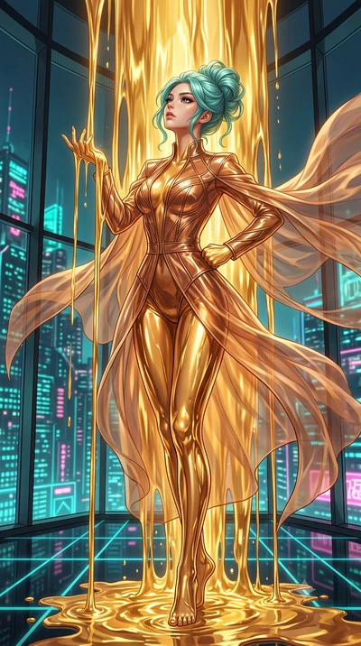 score_9, masterpiece, best quality, ultra-detailed, High-budget Anime Keyframe, East Asian woman. Low angle cowboy shot filling the entire 9:16 frame with her statuesque presence. Scenario 494: standing under a waterfall of liquid gold, the fluid coa
