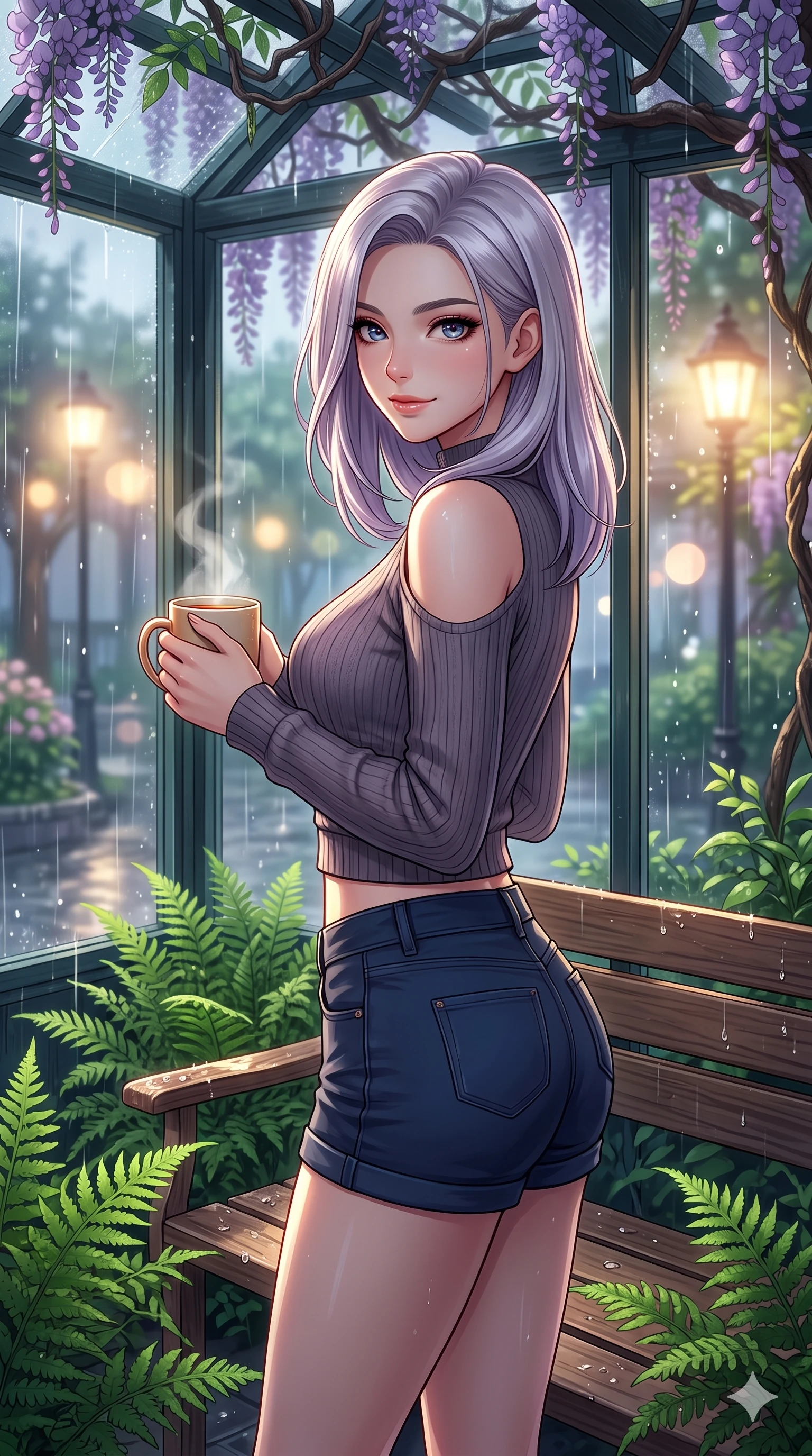 score_9, masterpiece, best quality, ultra-detailed, high-budget anime keyframe, vibrant anime aesthetic, Caucasian woman, strictly human ears. close-up cowboy shot from the waist and thighs up, the character dominates the composition, filling the frame with her large presence, background elements kept in soft focus. She is holding a warm mug of tea, looking at the camera with a gentle smile, looking over her shoulder at the camera standing amidst vibrant green ferns. on a wooden bench under a wisteria trellis in a quiet courtyard garden during a gentle afternoon rain (Code-P22-095). She has an absolutely perfect proportion, an exceptionally elegant and slender female figure with an ultra-slim waist. V-shaped jawline, high-bridge nose, intricate jewel-like eyes with depth, thick eyelashes, glossy lips with a natural sheen. wearing a cold-shoulder knit top with a cropped waistline and denim shorts in midnight blue. She is lit by dramatic, high-contrast streetlights casting long shadows in the rain, adding depth to her jewel-like eyes inside the glass pavilion. 2k, ultra detail, master piece, 9:16 ratio