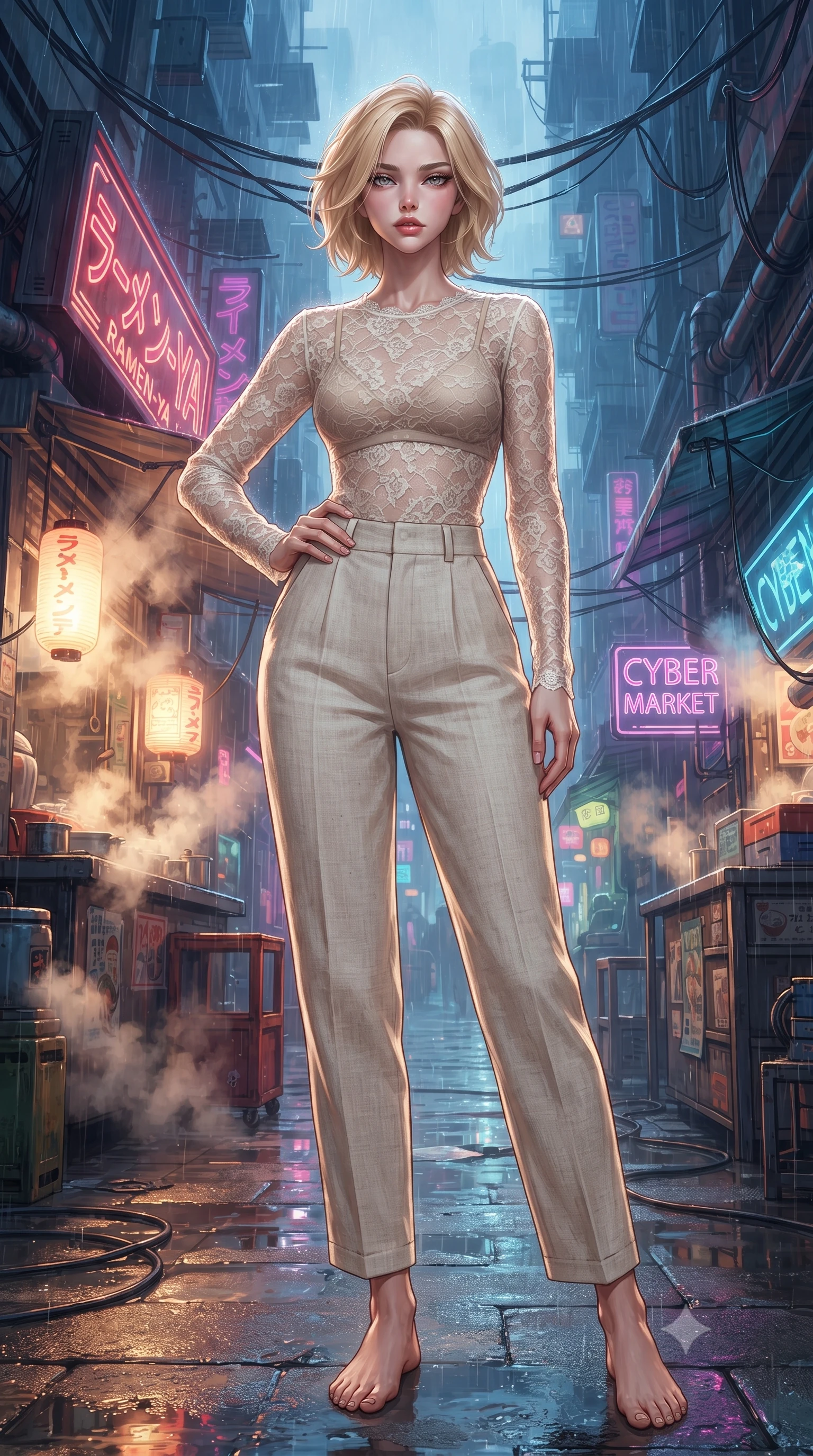 score_9, masterpiece, best quality, ultra-detailed, high-budget anime keyframe, editorial fashion photography, tasteful artistic composition, Caucasian woman. low angle full-body shot from head to toe showing her feet, filling the entire 9:16 vertical frame with her statuesque presence, stretching her vertical silhouette. posing confidently with one hand on her hip, stretching her statuesque body to emphasize her curves the background shows a soft-focus a rain-drenched cybernetic street market with glowing stall signs and steamy vents. She has an absolutely perfect, statuesque 8.5-heads proportion, an exceptionally tall and slender model-like female figure with impossibly long slender legs and an ultra-slim waist. sharp v-shaped jawline, high-bridge nose, intricate jewel-like eyes with depth, thick eyelashes, glossy lips with a natural sheen. wearing a body-hugging sheer lace blouse in ivory white, worn over a simple beige bralette and high-waisted linen trousers. dappled warm steam glow contrasting with deep blue shadow lighting. highly saturated vibrant anime colors, detailed shading with soft gradients, rich glossy textures, high-contrast stereoscopic depth, volumetric dynamic lighting, master piece, 9:16 ratio
