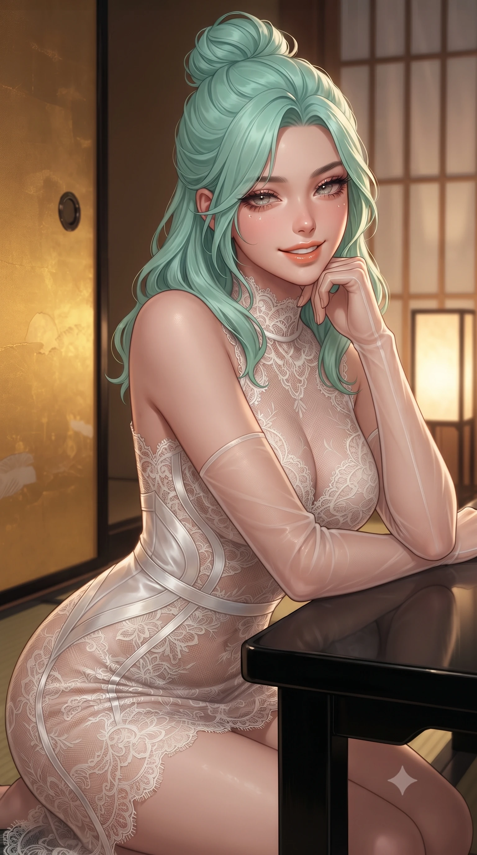 score_9, masterpiece, best quality, ultra-detailed, high-budget anime keyframe, editorial fashion photography, tasteful artistic composition, Japanese woman. close-up cowboy shot from the waist and thighs up, the character dominates the composition, filling the frame with her large presence. resting one elbow on the table and supporting her chin, leaning close to the camera with heavy-lidded sparkling eyes and parted lips while twisting her slender torso in an alluring S-curve beside the gold-leaf painted fusuma sliding screen, warm lantern light tracing her dewy skin and curves. The background shows a soft-focus sheer silk sliding shoji panels softened in intimate Gion midnight tea master sanctuary shallow focus. She has an exceptionally elegant, slender, and willowy female figure with an ultra-slim waist, flat toned midriff, narrow ribcage, and sculpted feminine hips creating an alluring, slim hourglass silhouette without bulk. sharp v-shaped jawline, high-bridge nose, intricate jewel-like sparkling eyes with depth, thick eyelashes, glossy parted lips with a natural peach sheen, bright cheerful beaming smile with an enchanting and coquettish sensual glint, exuding both youthful cute charm and seductive allure, flawlessly proportioned anatomical accuracy, strict slender model proportions, natural body alignment, perfectly sculpted long slender limbs, ultra-slim waistline, clean dynamic posture without body distortion. wearing a provocative high-neck sheer illusion cocktail dress with liquid satin ribbons contouring her curves in pure translucent crystal white and iridescent pearl, made of delicate semi-sheer French Chantilly lace with intricate eyelash edges, complemented by sheer opera-length evening gloves tracing her slender arms, the form-contouring silhouette accentuating her sculpted flat midriff, narrow delicate ribcage, and gracefully curvy hips with intoxicating allure. illuminated by black lacquer reflection fill and sharp champagne-gold rim lights defining her dewy collarbones, ultra-slim waist, and curvy hips. ultra-reflective glossy finish, specular highlights, rich textural contrasts, high-contrast stereoscopic depth, volumetric dynamic lighting, 2k, ultra detail, master piece, 9:16 ratio