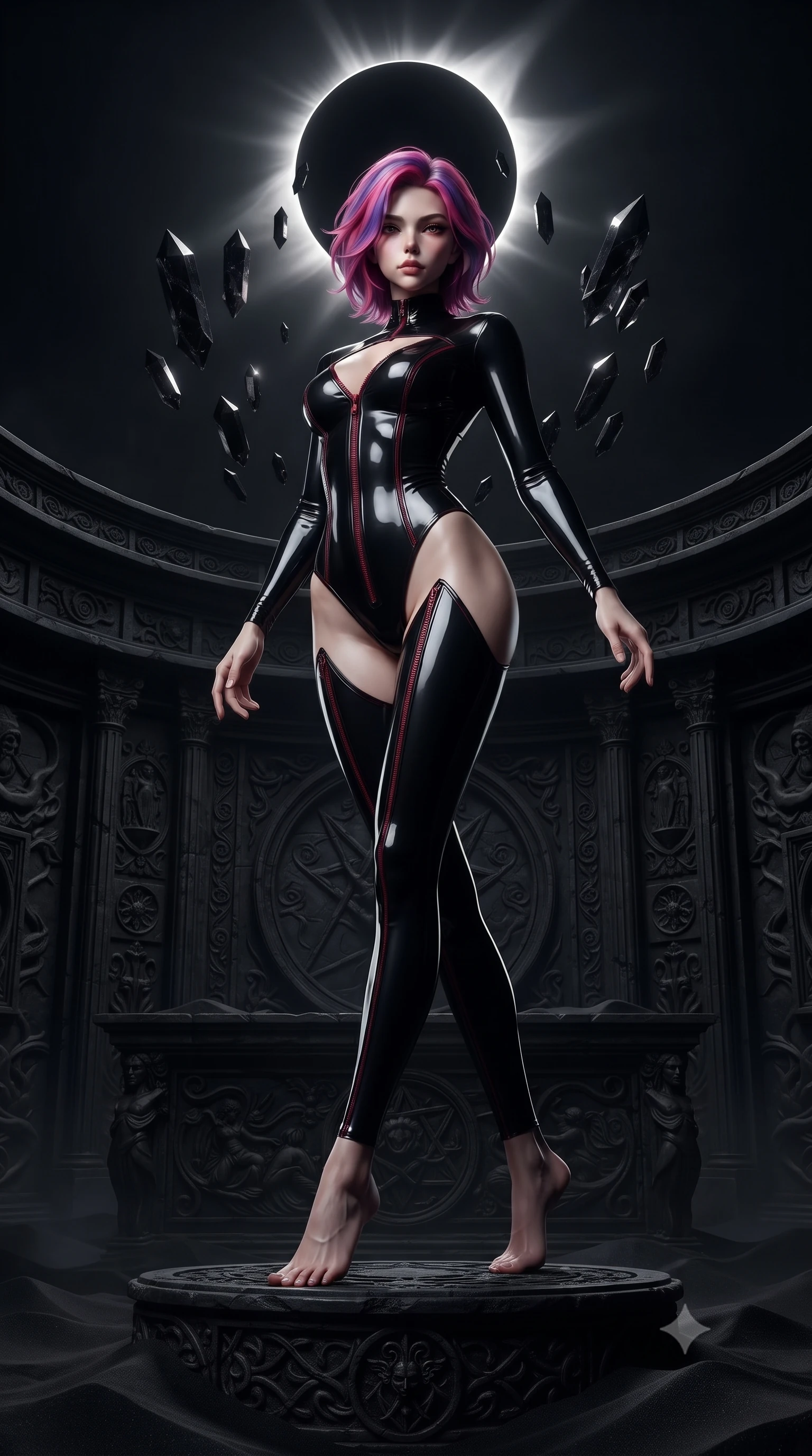score_9, masterpiece, best quality, ultra-detailed, high-budget anime keyframe, editorial fashion photography, tasteful artistic composition, Caucasian woman. low angle full-body shot from head to toe showing her feet, filling the entire 9:16 vertical frame with her statuesque presence, stretching her vertical silhouette. pivoting dynamically in mid-motion with a breathtakingly alluring posture, displaying her flawless model proportions, toned flat midriff, and ultra-slim waist while standing with supreme occult authority atop a dark basalt altar under a black eclipsed sun as jagged black crystals hover around her. The surrounding environment is rendered in vivid detail and crisp panoramic clarity. intricate stone altar reliefs, wind-swept dark sand, and solar corona flares in high resolution. She has an absolutely perfect, statuesque 8.5-heads proportion, an exceptionally tall and slender model-like female figure with impossibly long slender legs, a toned flat midriff, and an ultra-slim waist. sharp v-shaped jawline, high-bridge nose, intricate jewel-like eyes with depth, thick eyelashes, glossy lips with a natural sheen, flawlessly proportioned anatomical accuracy, strict slender model proportions, natural body alignment, perfectly sculpted long slender limbs, ultra-slim waistline, clean dynamic posture without body distortion. wearing a glossy black second-skin latex bodysuit with high-thigh cuts, exposed clavicle neckline, and gleaming dark zipper details in midnight onyx black and deep blood crimson, formed from high-gloss patent material with specular chiaroscuro reflections, finished with an ultra-high side slit secured by miniature magnetic clasps, the precision-cut daring openings accentuating her delicate midriff, graceful bare collarbones, and ultra-slim feminine waistline. illuminated by deep shadow chiaroscuro tracing her sculpted flat midriff, bare spine, and slender limbs. ultra-reflective glossy finish, specular highlights, dark metallic sheen, deep chiaroscuro contrast, volumetric dynamic shadow lighting, 2k, ultra detail, master piece, 9:16 ratio