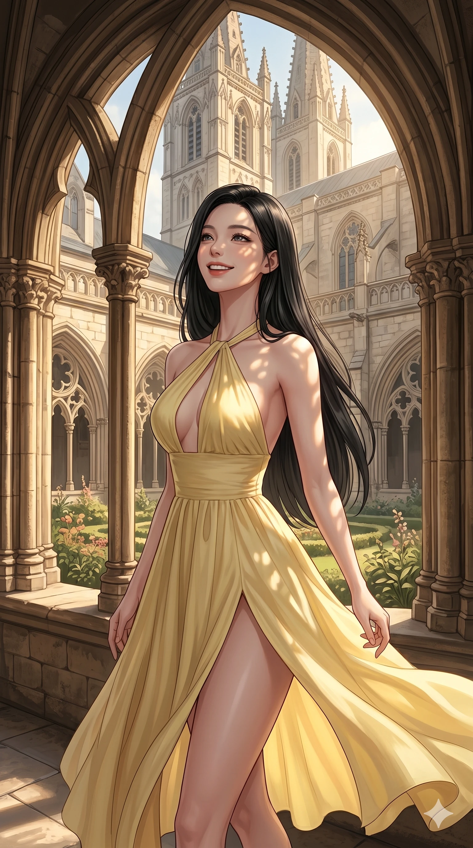 score_9, masterpiece, best quality, ultra-detailed, high-budget anime keyframe, editorial fashion photography, tasteful artistic composition, Korean woman. cowboy shot from the thighs up, character and outfit filling the frame for maximum editorial presence. looking up at the cathedral towers with a bright, playful grin and cheerful eyes inside a cathedral cloister with gothic arches and a central garden. She has an absolutely perfect 8-heads proportion, an exceptionally tall and slender female figure with impossibly long slender legs and an ultra-slim waist. V-shaped jawline, high-bridge nose, intricate jewel-like eyes with depth, thick eyelashes, glossy lips with a natural sheen. wearing a yellow summer dress with a graceful halter neck and a high-cut front slit. bathed in warm afternoon sunbeams filtering through the stone arches, casting soft shadows. 2k, ultra detail, master piece, 9:16 ratio
