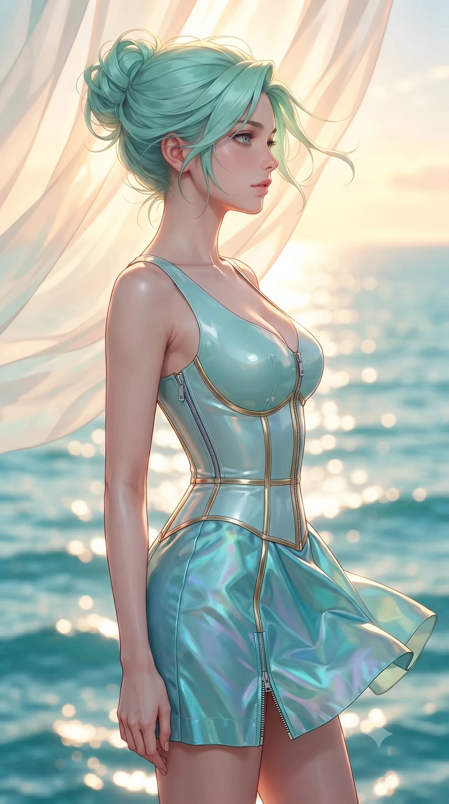 score_9, masterpiece, best quality, ultra-detailed, high-budget anime keyframe, editorial fashion photography, tasteful artistic composition, Japanese woman. close-up cowboy shot from the waist and thighs up, the character dominates the composition, filling the frame with her large presence, background elements kept in soft focus. Turning her face in sharp dramatic profile against the radiant light, looking out over a sparkling turquoise ocean as wind trails move her attire, sparkling ocean ripples forming a bright turquoise backdrop in soft focus. She has an exceptionally elegant, slender, and willowy female figure with an ultra-slim waist, a gracefully sculpted slender torso, and a refined silhouette. sharp v-shaped jawline, high-bridge nose, intricate jewel-like eyes with depth, thick eyelashes, glossy lips with a natural sheen. wearing glove-like fit pale turquoise latex bodycon mini dress in pearl white, made of iridescent turquoise taffeta, finished with metallic gold boning and sleek zipper points, following her slender form with tailored precision. illuminated by warm golden sunlight filtering through translucent opal chiffon. ultra-reflective glossy finish, specular highlights, metallic sheen, high-contrast stereoscopic depth, volumetric dynamic lighting, 2k, ultra detail, master piece, 9:16 ratio