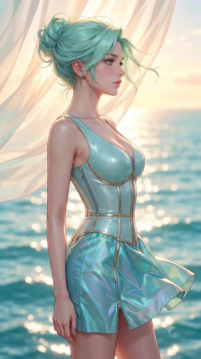 score_9, masterpiece, best quality, ultra-detailed, high-budget anime keyframe, editorial fashion photography, tasteful artistic composition, Japanese woman. close-up cowboy shot from the waist and thighs up, the character dominates the composition, 