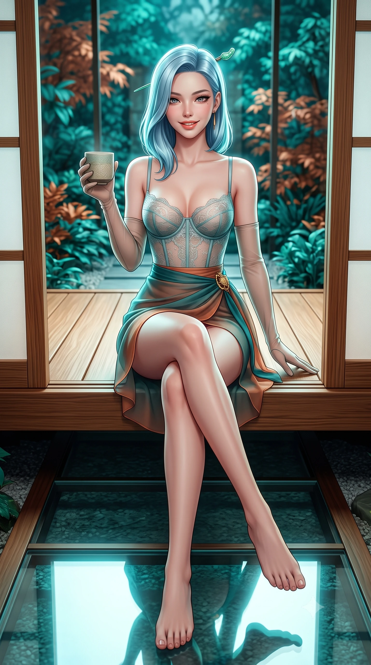 score_9, masterpiece, best quality, ultra-detailed, high-budget anime keyframe, semi-realistic 3D game render, editorial fashion photography, tasteful artistic composition, Korean woman. low angle full-body shot from head to toe showing her feet, filling the entire 9:16 vertical frame with her statuesque presence, stretching her vertical silhouette. stepping slowly toward the camera with hypnotic grace, hips swaying in an alluring sensual rhythm that accentuates her curvy hourglass silhouette and long slender legs while sitting gracefully on the cedar walkway threshold with legs extended, holding a modern ceramic tea cup with an alluring, parted-lip smile. The surrounding environment is rendered in vivid detail and crisp panoramic clarity: detailed modern cheongsam-cut sheer mesh dress tailoring, jade hair stick gleam, and precision Japanese joinery in razor-sharp precision. She has an absolutely perfect, statuesque 8.5-heads proportion, an exceptionally tall and slender model-like female figure with impossibly long slender legs, an ultra-slim waist, a flat toned midriff, narrow delicate ribcage, and beautifully sculpted feminine hips creating a graceful, slim hourglass silhouette without any bulky heaviness. sharp v-shaped jawline, high-bridge nose, sparkling eyes with hypnotic seductive depth, thick curled eyelashes, glossy parted lips with a natural dewy peach sheen, alluring bedroom-eyes with an enchanting coquettish smile, exuding magnetic siren charisma and sophisticated glamour, flawlessly proportioned anatomical accuracy, strict slender model proportions, natural body alignment, perfectly sculpted long slender limbs, ultra-slim waistline, clean dynamic posture without body distortion. wearing a delicate French lace underwire bustier paired with a draped sheer chiffon wrap mini skirt and gold hip brooch in Ubud rainforest teal and sunset copper, made of semi-opaque stretch illusion mesh with soft shadowy contours, complemented by sheer opera-length evening gloves tracing her slender arms, the precision-cut side openings and low-back scoop framing her graceful spine and the sensual sweep of her slim, toned hips. illuminated by glass walkway reflection bounce and sharp jade-platinum rim lights defining her razor-sharp jawline, narrow waist, and curvy hips. highly saturated vibrant anime colors, detailed shading with soft gradients, rich glossy textures, high-contrast stereoscopic depth, volumetric dynamic lighting, master piece, 9:16 ratio