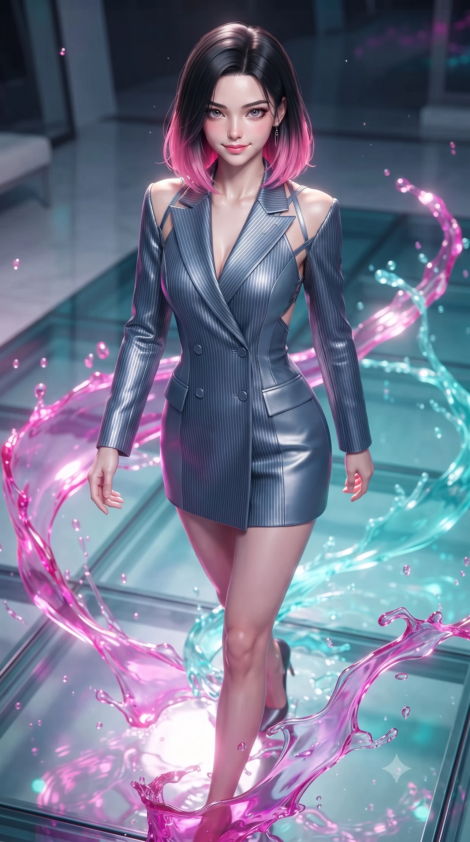 score_9, masterpiece, best quality, ultra-detailed, high-budget anime keyframe, editorial fashion photography, tasteful artistic composition, Korean woman. close-up cowboy shot from the waist and thighs up, the character dominates the composition, filling the frame with her large presence, background elements kept in soft focus. Smiling with quiet, magnetic self-assurance directly into the lens stepping across a reflective glass floor drenched in vibrant fluid splashes, translucent liquid acrylic trails creating dynamic motion paths. She has an exceptionally elegant, slender, and willowy female figure with an ultra-slim waist, a gracefully sculpted slender torso, and a refined silhouette. sharp v-shaped jawline, high-bridge nose, intricate jewel-like eyes with depth, thick eyelashes, glossy lips with a natural sheen. wearing a double-breasted blazer dress with metallic pin-stripes in slate blue and metallic silver, made of fine carbon-fiber weave and soft matte leather, complemented by criss-cross back straps highlighting her bare shoulders, the sleek second-skin texture accentuating her magnetic presence. surrounded by a radiant glow of magenta and aqua fluid highlights. ultra-reflective glossy finish, specular highlights, metallic sheen, high-contrast stereoscopic depth, volumetric dynamic lighting, 2k, ultra detail, master piece, 9:16 ratio