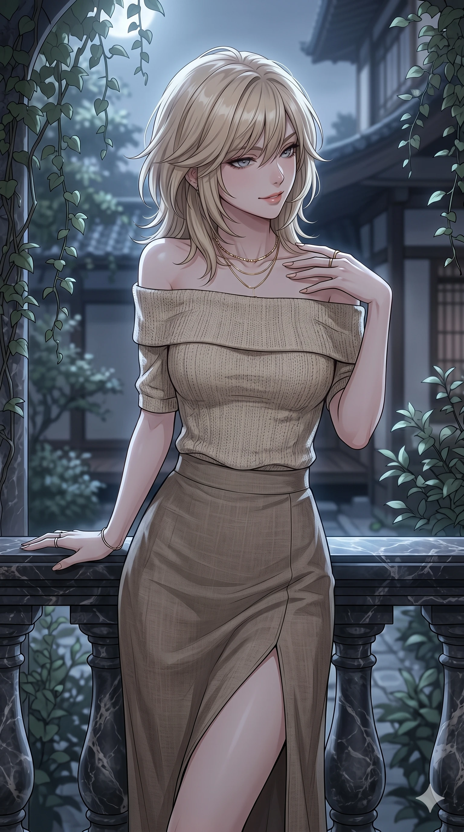 score_9, masterpiece, best quality, ultra-detailed, high-budget anime keyframe, editorial fashion photography, tasteful artistic composition, Japanese woman. cowboy shot from the thighs up, character and outfit filling the frame for maximum editorial presence. looking over her shoulder with a magnetic, teasing half-smile, one hand tracing her collarbone leaning against a marble balustrade in a private courtyard at dusk (Code-P16-112). She has an absolutely perfect 8-heads proportion, an exceptionally tall and slender female figure with impossibly long slender legs and an ultra-slim waist. V-shaped jawline, high-bridge nose, intricate jewel-like eyes with depth, thick eyelashes, glossy lips with a natural sheen. wearing a beige off-shoulder top showing her elegant clavicle lines, paired with a split linen skirt. soft silver moonlight filtered through the leaves, creating a mystical and elegant glow. 2k, ultra detail, master piece, 9:16 ratio