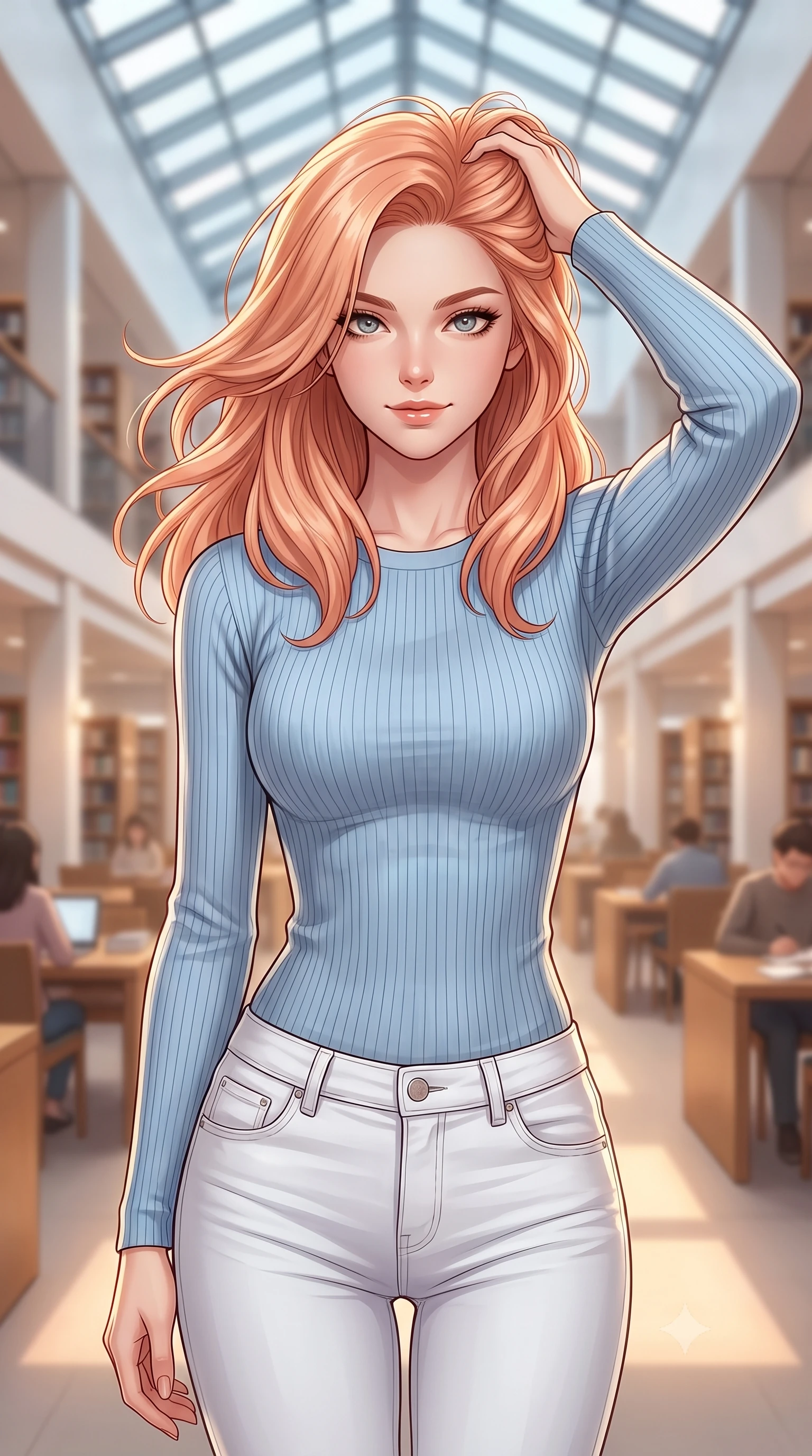 score_9, masterpiece, best quality, ultra-detailed, high-budget anime keyframe, editorial fashion photography, tasteful artistic composition, Japanese woman woman. close-up cowboy shot from the waist and thighs up, the character dominates the composition, filling the frame with her large presence, background elements kept in soft focus. smiling with quiet, magnetic self-assurance directly into the camera, running a hand through her hair the background shows a soft-focus a grand modern library with high ceilings, glass roofs, and study areas in soft focus. She has an exceptionally elegant, slender, and willowy female figure with an ultra-slim waist, a gracefully sculpted slender torso, and a refined silhouette. sharp v-shaped jawline, high-bridge nose, intricate jewel-like eyes with depth, thick eyelashes, glossy lips with a natural sheen. wearing a slim-fit body-hugging light blue ribbed long-sleeve top paired with tight white denim pants. soft diffused daylight filling the large, peaceful interior space. 2k, ultra detail, master piece, 9:16 ratio