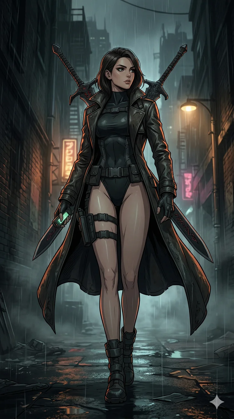 score_9, masterpiece, best quality, ultra-detailed, high-budget anime keyframe, an incredibly beautiful Caucasian woman (strictly human ears). Dynamic low angle cowboy shot filling the entire 9:16 frame with her statuesque presence. She is a demon hunter tracking prey in a dark alley. She possesses a statuesque height and a towering silhouette, highlighting her long slender legs and perfect 8-heads proportion. Her face is a flawless masterpiece with a sharp v-shaped jawline, high-bridge nose, expressive jewel-like eyes, thick eyelashes, and perfectly glossy lips. She is wearing a leather trench coat over a high-cut bodysuit. A foggy, dimly lit city street with rain pouring down, dramatic rim lighting., 2k, ultra detail, master piece, 9:16 ratio