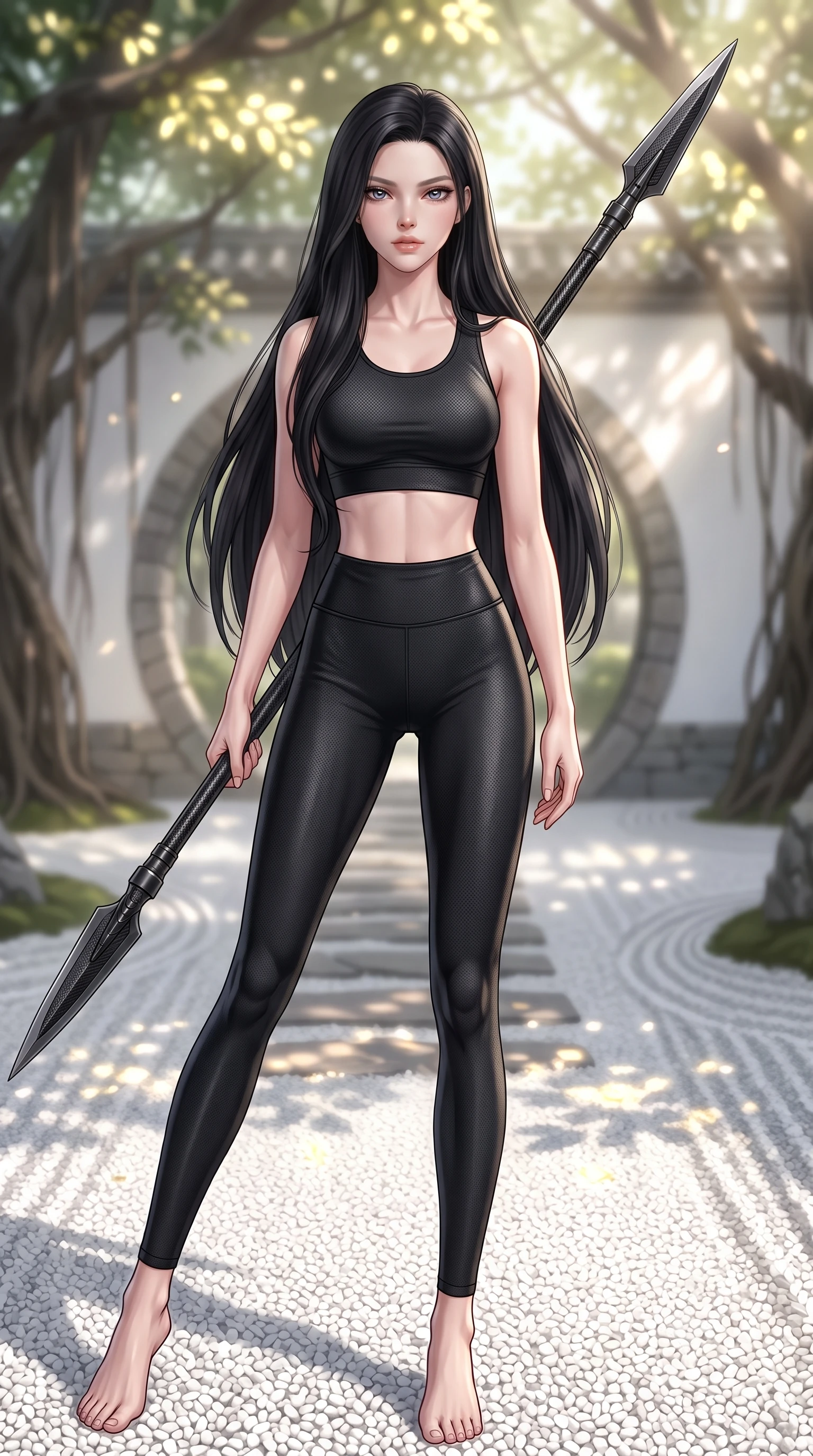 score_9, masterpiece, best quality, ultra-detailed, high-budget anime keyframe, editorial fashion photography, tasteful artistic composition, Korean woman. low angle full-body shot from head to toe showing her feet, filling the entire 9:16 vertical frame with her statuesque presence, stretching her vertical silhouette. standing in a dynamic combat stance with a carbon-fiber spear held diagonally, stretching her statuesque body, the background shows a soft-focus a banyan tree courtyard with white raked gravel and stone path arches. She has an absolutely perfect, statuesque 8.5-heads proportion, an exceptionally tall and slender model-like female figure with impossibly long slender legs and an ultra-slim waist. sharp v-shaped jawline, high-bridge nose, intricate jewel-like eyes with depth, thick eyelashes, glossy lips with a natural sheen. wearing a form-contouring form-fitting athletic crop top and matching high-waisted compression leggings in sleek carbon-black tech fabric. dappled sunlight filtering through glowing leaves onto the white gravel path. highly saturated vibrant anime colors, detailed shading with soft gradients, rich glossy textures, high-contrast stereoscopic depth, volumetric dynamic lighting, master piece, 9:16 ratio