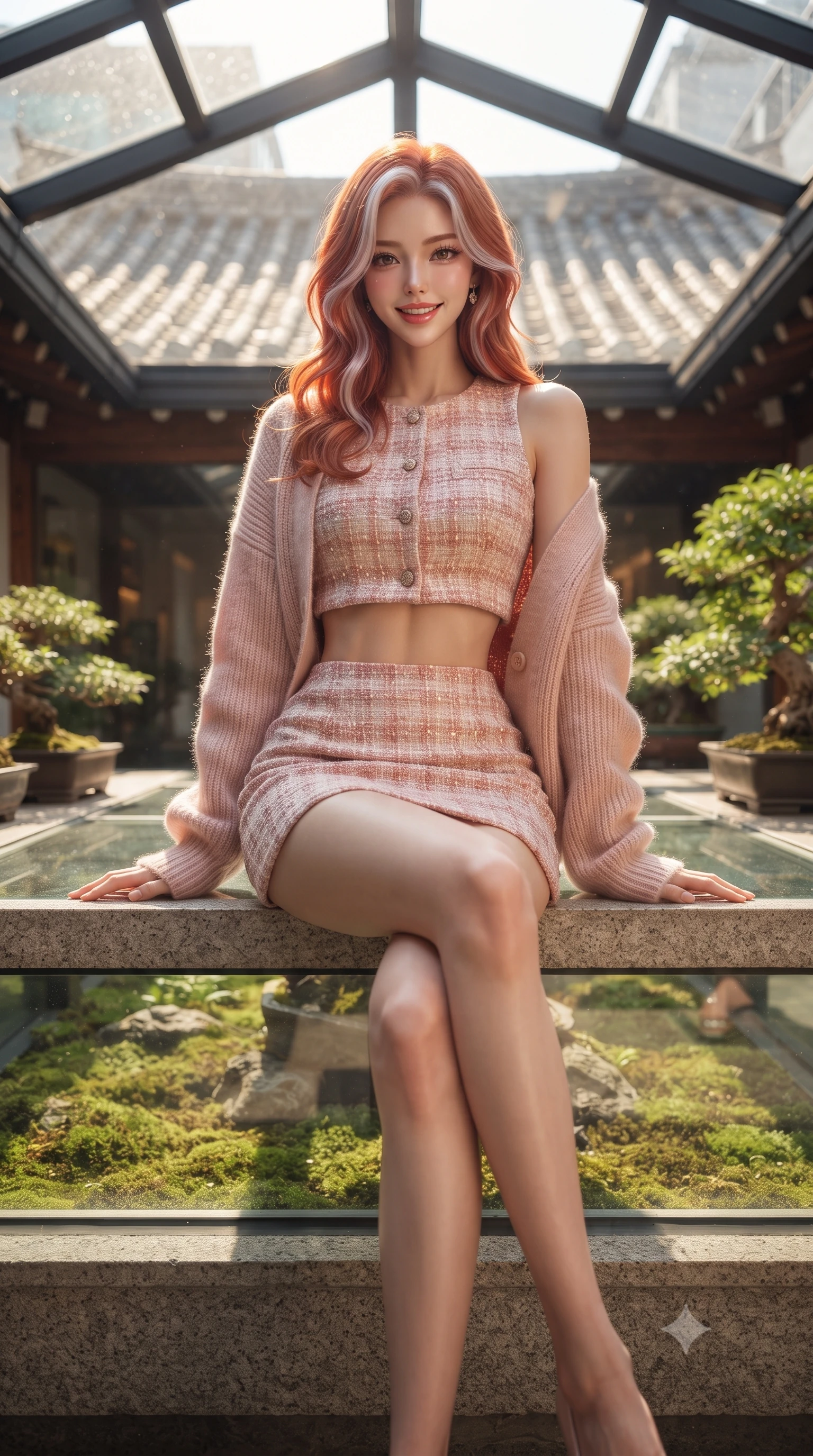 score_9, masterpiece, best quality, ultra-detailed, high-budget anime keyframe, editorial fashion photography, tasteful artistic composition, Caucasian woman. low angle full-body shot from head to toe showing her feet, filling the entire 9:16 vertical frame with her statuesque presence, stretching her vertical silhouette. sitting perched on the elevated edge with legs crossed and hips angled toward the camera, displaying her toned midriff and long slender limbs with a joyful, coquettish smile while standing poised beside a glass-covered moss courtyard garden, twisting her slender torso in an alluring contrapposto stance as morning sunlight filters through traditional roof tiles. The composition keeps background elements in soft focus with dreamy creamy bokeh. glass atrium skylights and leafy bonsai planters softened in nostalgic urban shallow focus. She has an exceptionally tall and slender model-like 8.5-heads proportion, an ultra-slim waist, a flat toned midriff, narrow delicate ribcage, and beautifully sculpted feminine hips creating a graceful, slim hourglass silhouette without any bulky heaviness, with impossibly long slender legs. sharp v-shaped jawline, high-bridge nose, intricate jewel-like sparkling eyes with depth, thick eyelashes, glossy parted lips with a natural peach sheen, bright cheerful beaming smile with an enchanting and coquettish sensual glint, exuding both youthful cute charm and seductive allure, flawlessly proportioned anatomical accuracy, strict slender model proportions, natural body alignment, perfectly sculpted long slender limbs, ultra-slim waistline, clean dynamic posture without body distortion. wearing a cute pastel tweed two-piece set with a cropped jacket and ultra-fitted high-waisted mini skirt tracing her hips in cherry blossom pink and soft rose gold, woven from layered gossamer organza with weightless flutter, complemented by an oversized soft knit cardigan slipping off one bare shoulder, the precision-cut side openings and low-back scoop framing her graceful spine and the sensual sweep of her slim, toned hips. illuminated by warm wood bounce light sharply sculpting her razor-sharp jawline, narrow waist, and curvy hips. ultra-reflective glossy finish, specular highlights, rich textural contrasts, high-contrast stereoscopic depth, volumetric dynamic lighting, 2k, ultra detail, master piece, 9:16 ratio