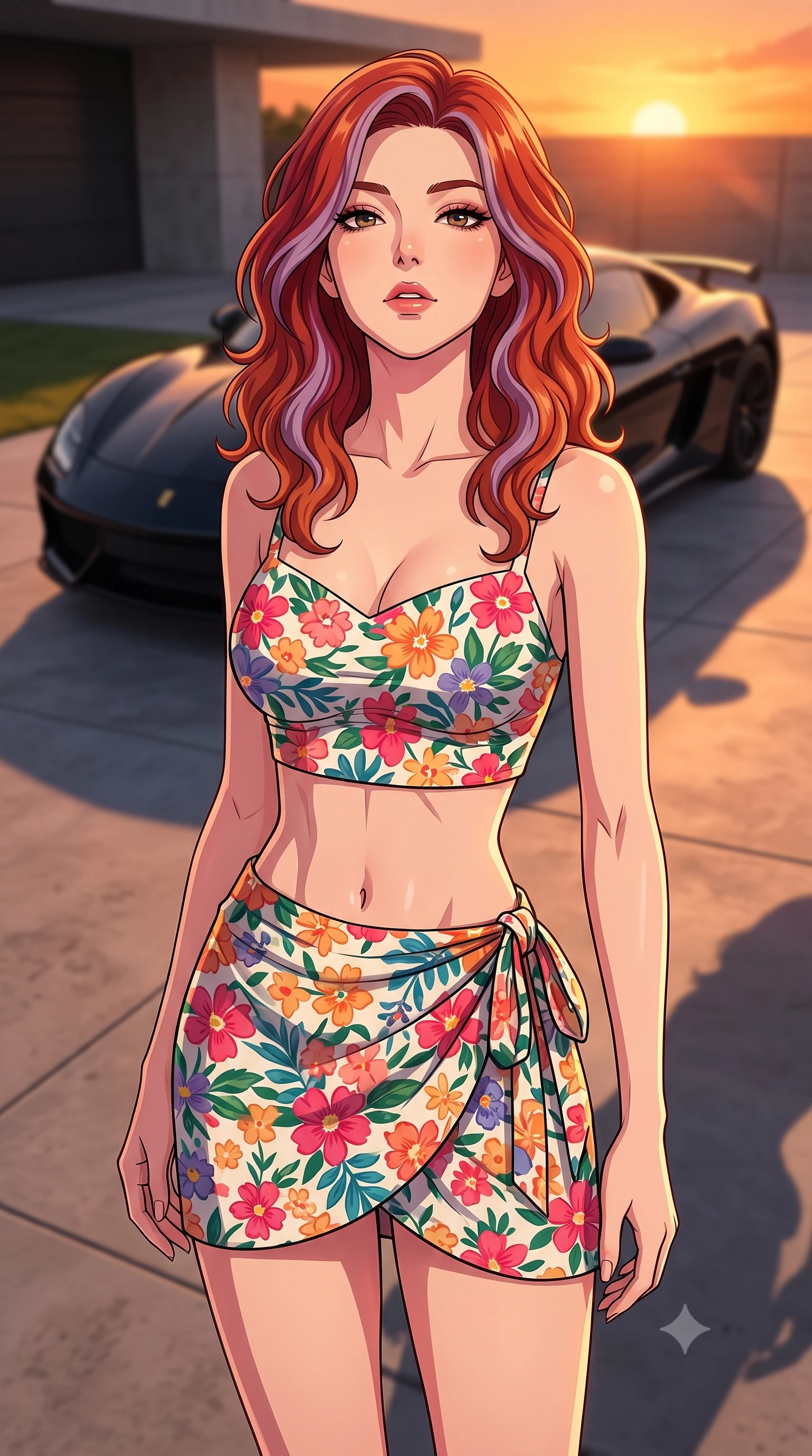 score_9, masterpiece, best quality, ultra-detailed, high-budget anime keyframe, tasteful artistic composition, Caucasian woman. close-up cowboy shot from the waist and thighs up, the character dominates the composition, filling the frame with her large presence, background elements kept in soft focus. tilting her chin up slightly with lips parted in a composed, provocative expression the background shows a soft-focus a modern concrete driveway facing a sleek black sports car at sunset. She has an exceptionally elegant, slender, and willowy female figure with an ultra-slim waist, a gracefully sculpted slender torso, and a refined silhouette. sharp v-shaped jawline, high-bridge nose, intricate jewel-like eyes with depth, thick eyelashes, glossy lips with a natural sheen. wearing a form-contouring summer vacation crop top and wrap skirt set in floral print cotton, showing her slim waist. the dramatic orange glow of a sunset casting long shadows of the car and her figure. highly saturated vibrant anime colors, cel-shading, 2d style, master piece, 9:16 ratio