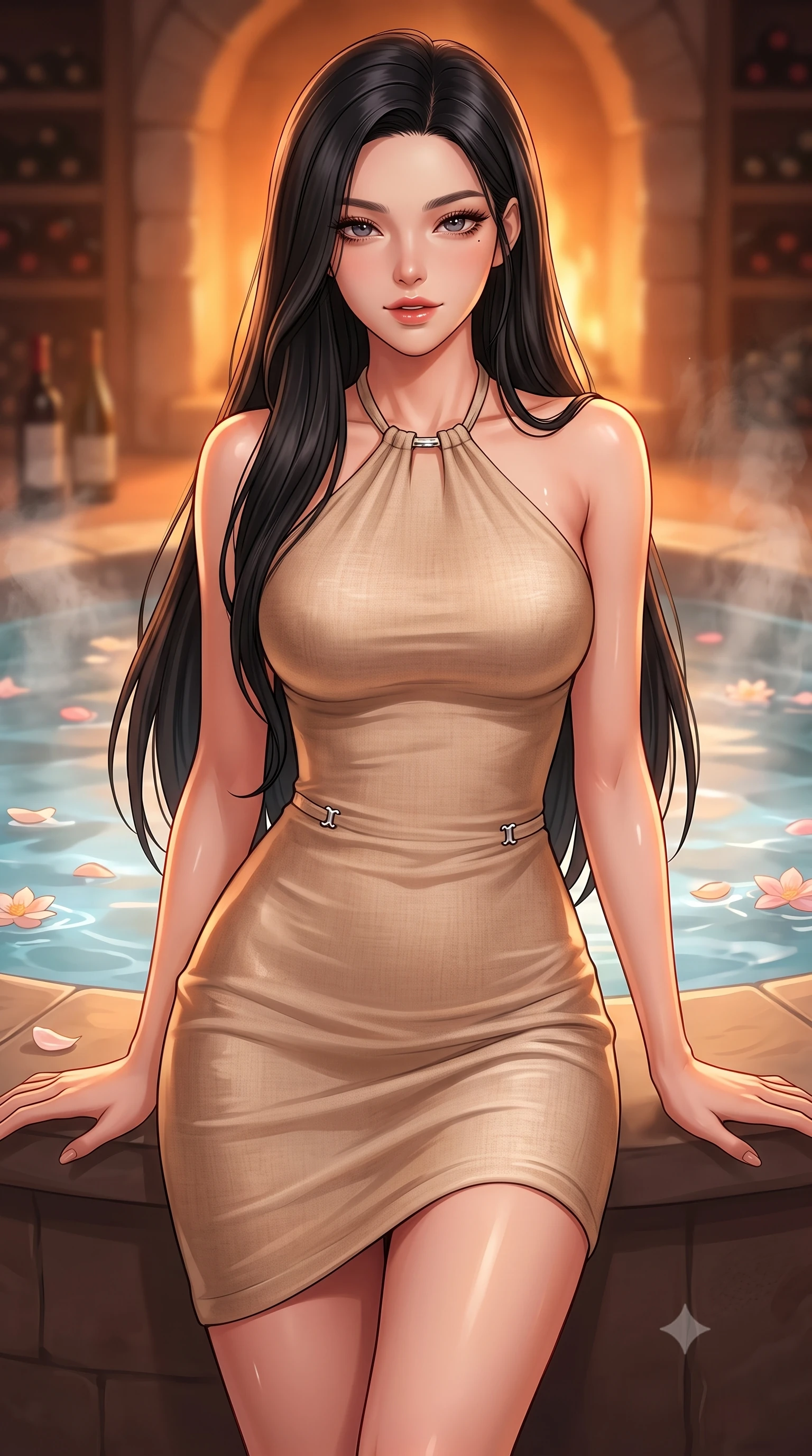 score_9, masterpiece, best quality, ultra-detailed, high-budget anime keyframe, editorial fashion photography, tasteful artistic composition, Korean woman. close-up cowboy shot from the waist and thighs up, the character dominates the composition, filling the frame with her large presence, background elements kept in soft focus. gazing directly into the camera with a smoldering, magnetic half-smile, her glossy lips parted alluringly set against a soft-focus background of inside an exclusive wine cellar alcove with rising mineral steam and floating flower petals on the clear water surface. She has an exceptionally elegant, slender, and willowy female figure with an ultra-slim waist, a gracefully sculpted slender torso, and a refined silhouette. sharp v-shaped jawline, high-bridge nose, intricate jewel-like eyes with depth, thick eyelashes, glossy lips with a natural sheen. wearing slim-fit warm beige soft linen form-contouring cashmere halter dress tracing her statuesque physique accented with delicate silver hardware. bathed in cozy, flickering fireplace light that paints the room in a warm orange wash. highly saturated vibrant anime colors, detailed shading with soft gradients, rich glossy textures, high-contrast stereoscopic depth, volumetric dynamic lighting, master piece, 9:16 ratio