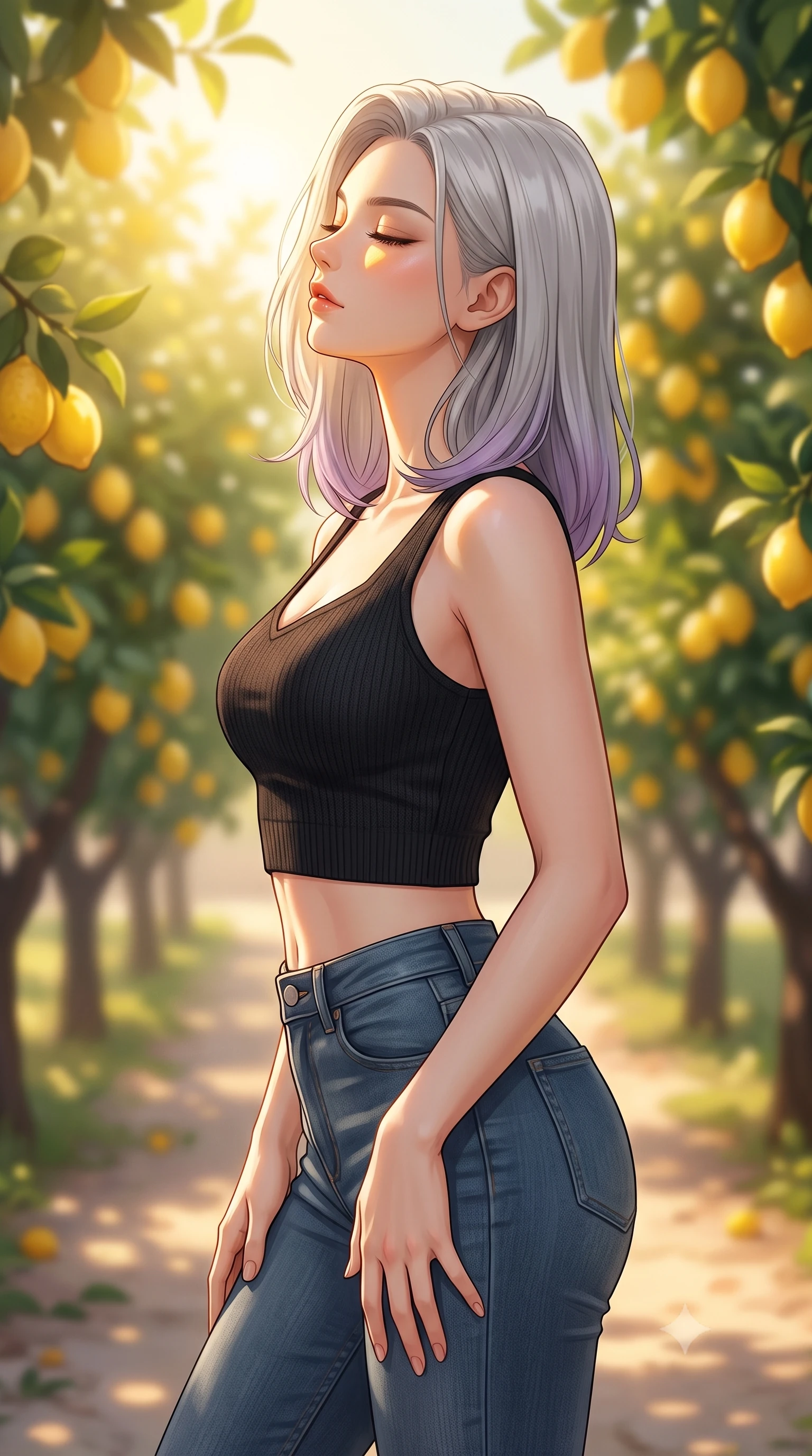 score_9, masterpiece, best quality, ultra-detailed, high-budget anime keyframe, editorial fashion photography, tasteful artistic composition, Caucasian woman woman. close-up cowboy shot from the waist and thighs up, the character dominates the composition, filling the frame with her large presence, background elements kept in soft focus. turning her face in profile to catch the warm sunlight on her cheek, eyes softly closed the background shows a soft-focus an orchard path lined with lemon trees heavy with ripe yellow fruit in Provence. She has an exceptionally elegant, slender, and willowy female figure with an ultra-slim waist, a gracefully sculpted slender torso, and a refined silhouette. sharp v-shaped jawline, high-bridge nose, intricate jewel-like eyes with depth, thick eyelashes, glossy lips with a natural sheen. wearing a tailored body-hugging knit crop top in black paired with high-waisted skinny jeans. bright lemon-yellow sunlight bathing the orchard in a warm glow. 2k, ultra detail, master piece, 9:16 ratio