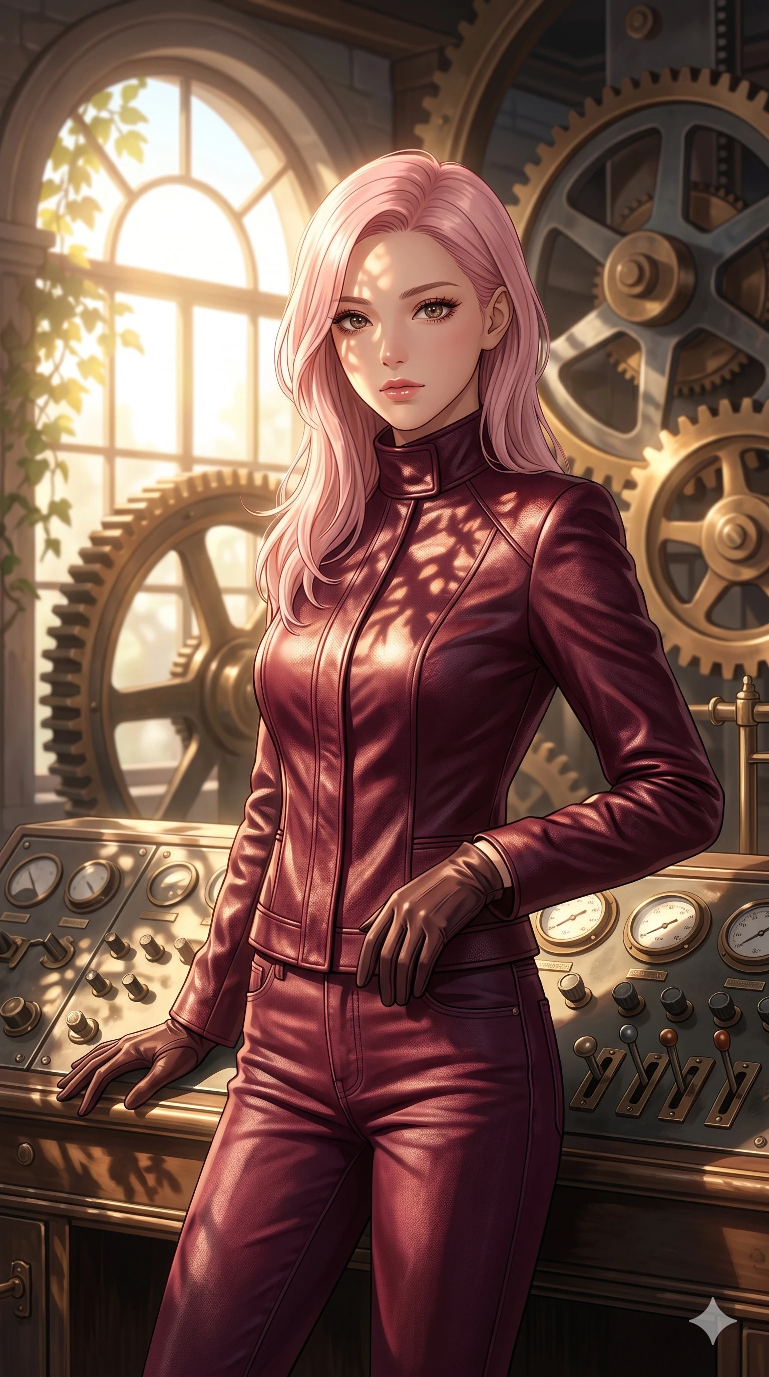 score_9, masterpiece, best quality, ultra-detailed, high-budget anime keyframe, editorial fashion photography, tasteful artistic composition, Japanese woman. cowboy shot from the thighs up, character and outfit filling the frame for maximum editorial presence. resting her hands on the control panel, looking at the camera with an air of quiet self-assurance in an antique clock tower with massive turning bronze gears (Code-P17-024). She has an absolutely perfect 8-heads proportion, an exceptionally tall and slender female figure with impossibly long slender legs and an ultra-slim waist. V-shaped jawline, high-bridge nose, intricate jewel-like eyes with depth, thick eyelashes, glossy lips with a natural sheen. wearing a tailored high-neck leather jacket over smart matching denim trousers. drenched in brilliant morning sunshine, casting long warm highlights and leaf patterns on her skin. 2k, ultra detail, master piece, 9:16 ratio