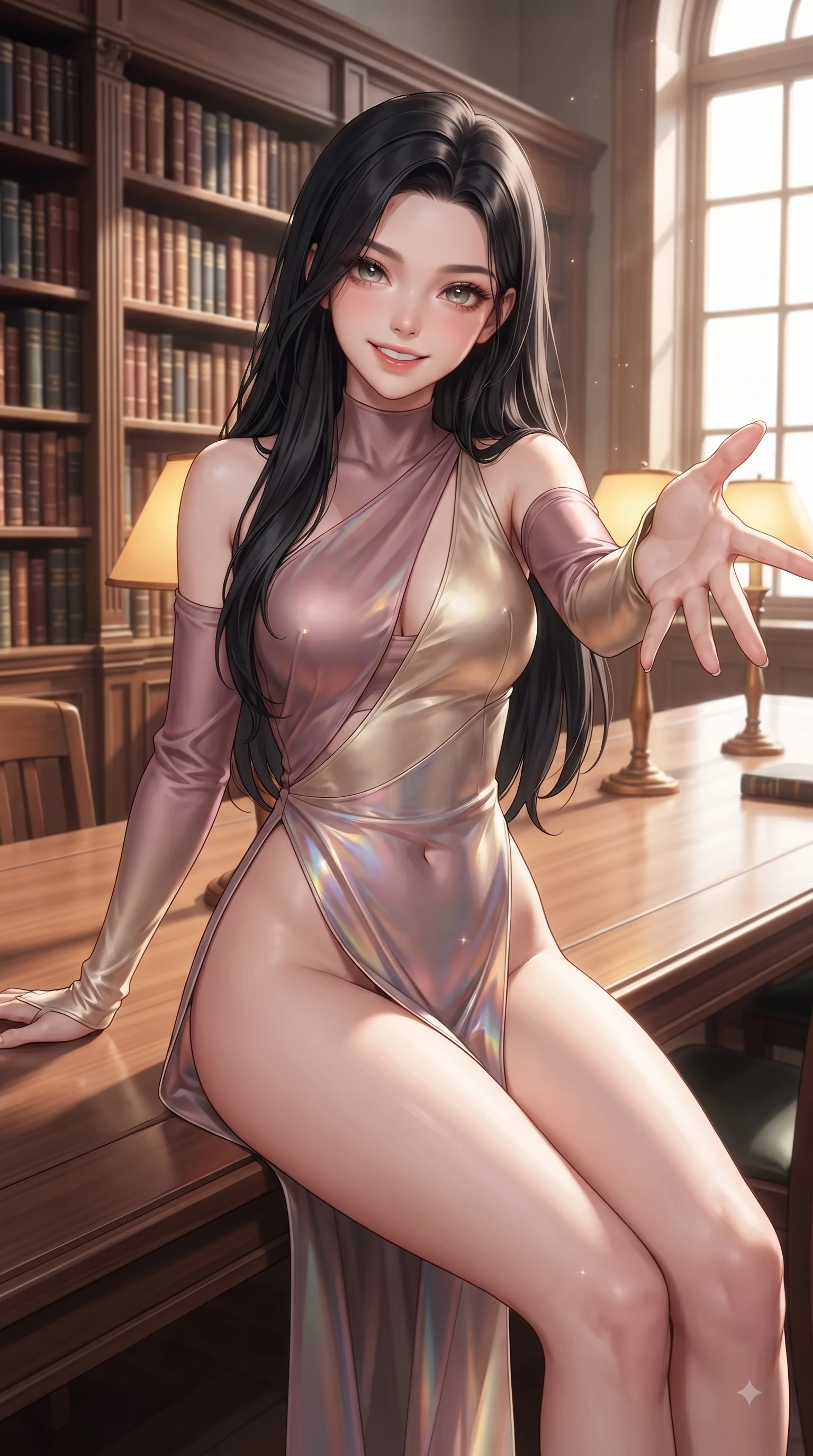 score_9, masterpiece, best quality, ultra-detailed, high-budget anime keyframe, editorial fashion photography, tasteful artistic composition, Korean woman. close-up cowboy shot from the waist and thighs up, the character dominates the composition, filling the frame with her large presence, background elements kept in soft focus. Fresh enchanting smile, her eyes twinkling like jewels in the bright sunlight as one arm reaches out cheerfully while sitting at a long wooden study table in a quiet sunlit library room with an intelligent cute smile, thousands of classic leather-bound volumes stacked along majestic wooden bookcases. She has an exceptionally elegant, slender, and willowy female figure with an ultra-slim waist, a gracefully sculpted slender torso, and a refined silhouette. sharp v-shaped jawline, high-bridge nose, intricate jewel-like eyes with depth, thick eyelashes, glossy lips with a natural sheen, flawlessly proportioned anatomical accuracy, natural body alignment, perfectly sculpted elegant limbs, clean dynamic posture without body distortion. wearing an asymmetrical high-cut tech-bodysuit with detached sleeves in dusty rose and champagne gold, crafted from iridescent chiffon that shifts colors in the light, finished with a sleek side slit ascending to mid-thigh, the glove-like fit emphasizing her statuesque silhouette during motion. illuminated by soft glowing amber desk lamps and majestic window highlights. ultra-reflective glossy finish, specular highlights, metallic sheen, high-contrast stereoscopic depth, volumetric dynamic lighting, 2k, ultra detail, master piece, 9:16 ratio