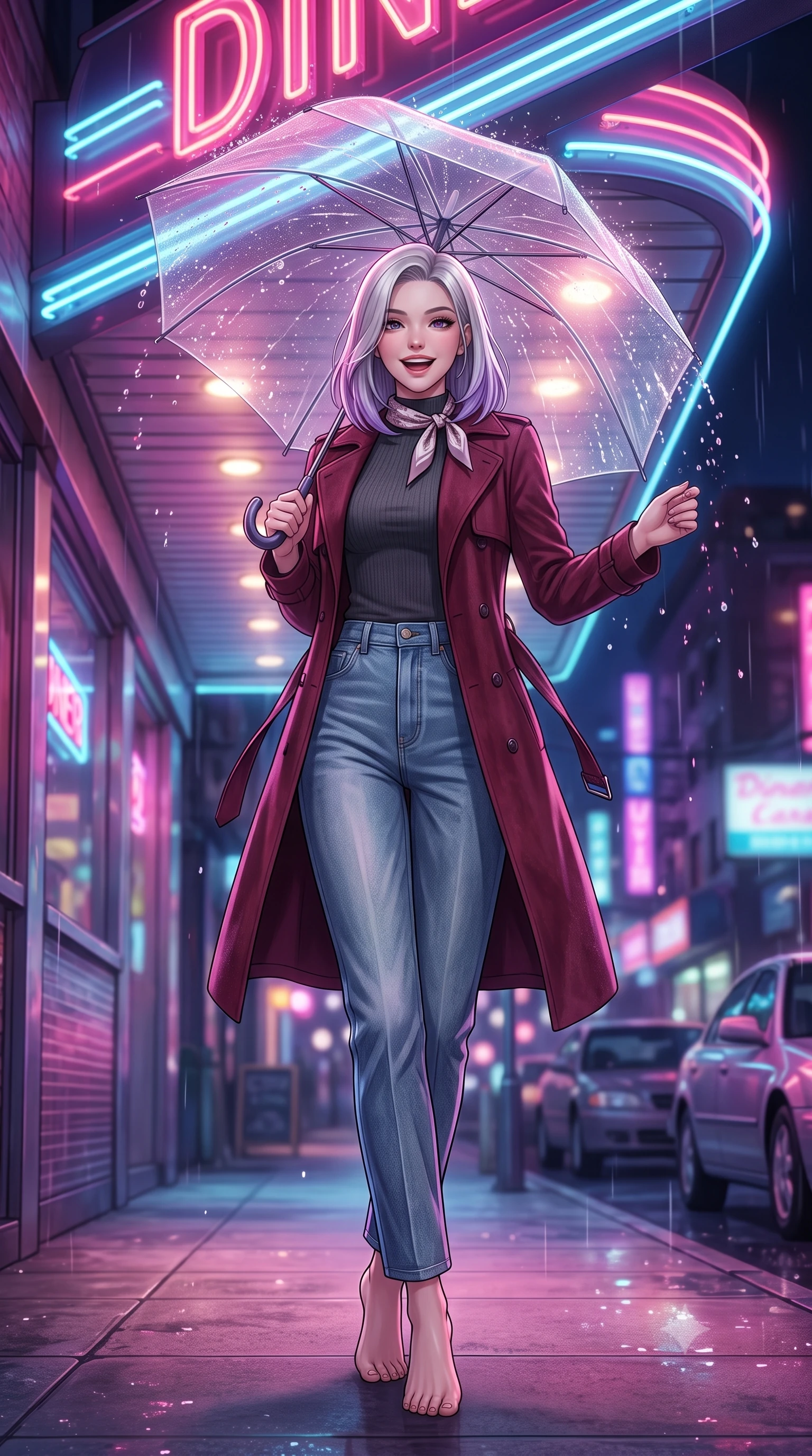 score_9, masterpiece, best quality, ultra-detailed, high-budget anime keyframe, semi-realistic 3D game render, editorial fashion photography, tasteful artistic composition, Caucasian woman. low angle full-body shot from head to toe showing her feet, filling the entire 9:16 vertical frame with her statuesque presence, stretching her vertical silhouette. landing lightly on the balls of her feet in a balanced kinetic stance, eyes locked onto the camera with fearless allure while standing under the neon diner awning shaking raindrops from her umbrella with a sweet, radiant laugh. The composition keeps background elements in soft focus with creamy bokeh. splattering raindrops on umbrella plastic and neon glare scattering soft nostalgic light motes. She has an absolutely perfect, statuesque 8.5-heads proportion, an exceptionally tall and slender model-like female figure with impossibly long slender legs, a toned flat midriff, and an ultra-slim waist. sharp v-shaped jawline, high-bridge nose, intricate jewel-like eyes with depth, thick eyelashes, glossy lips with a natural sheen, captivating and magnetic expression, flawlessly proportioned anatomical accuracy, strict slender model proportions, natural body alignment, perfectly sculpted long slender limbs, ultra-slim waistline, clean dynamic posture without body distortion. wearing a stylish retro suede trench coat over a fitted mock-neck knit top and high-waist tailored slacks in rich wine burgundy and faded vintage blue, made of premium heavyweight washed denim and breathable cotton poplin, complemented by a delicate silk scarf tied playfully around her neck, the liquid-tight tailored fabric emphasizing every curve of her tall, slender model proportions and sculptured silhouette during dynamic movement. surrounded by a romantic, moody, and irresistibly nostalgic 90s city-pop heroine aura. highly saturated vibrant anime colors, detailed shading with soft gradients, rich glossy textures, high-contrast stereoscopic depth, volumetric dynamic lighting, master piece, 9:16 ratio