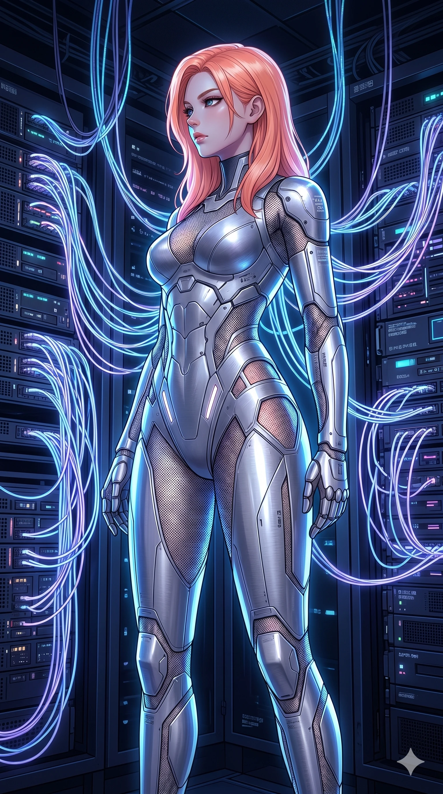 score_9, masterpiece, best quality, ultra-detailed, high-budget anime keyframe, editorial fashion photography, tasteful artistic composition, Japanese woman. cowboy shot from the thighs up, character and outfit filling the frame for maximum editorial presence. standing proud, her face turned in sharp profile, casting a cold and mysterious gaze inside a digital server mainframe with neon blue fiber optic cables (Code-P16-055). She has an absolutely perfect 8-heads proportion, an exceptionally tall and slender female figure with impossibly long slender legs and an ultra-slim waist. V-shaped jawline, high-bridge nose, intricate jewel-like eyes with depth, thick eyelashes, glossy lips with a natural sheen. wearing a second-skin cyber-bodysuit with metallic silver plates and geometric hip cutouts. cool blue and violet neon light, highlighting the sleek contours of her athletic figure. 2k, ultra detail, master piece, 9:16 ratio