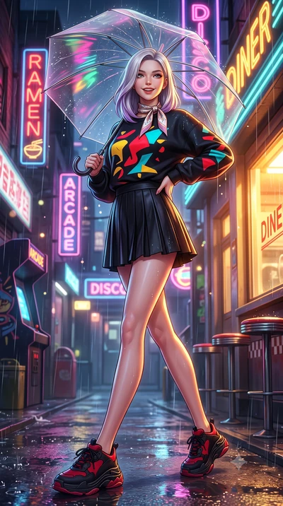 score_9, masterpiece, best quality, ultra-detailed, high-budget anime keyframe, semi-realistic 3D game render, editorial fashion photography, tasteful artistic composition, Caucasian woman. low angle full-body shot from head to toe showing her feet, 