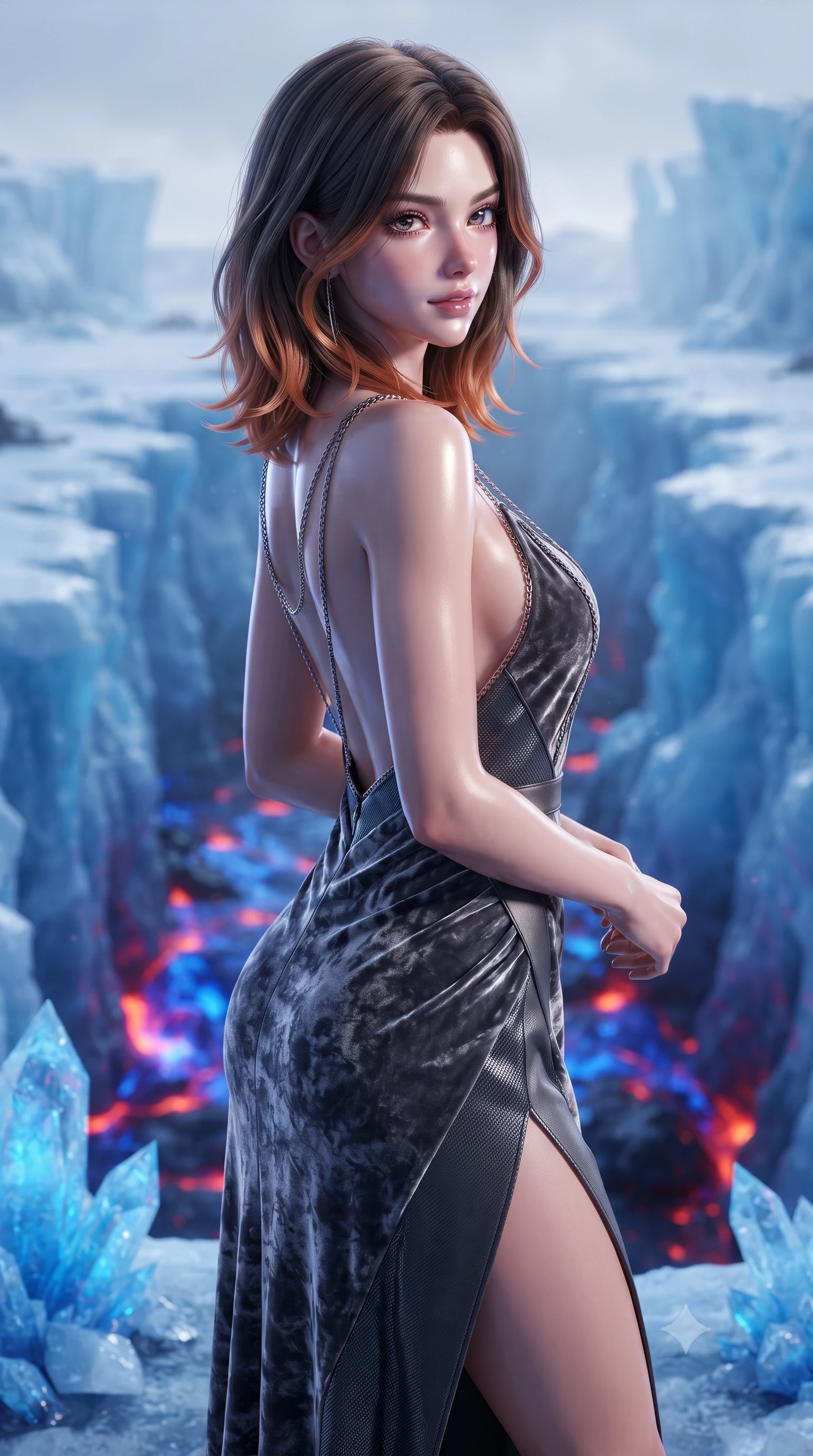 score_9, masterpiece, best quality, ultra-detailed, high-budget anime keyframe, editorial fashion photography, tasteful artistic composition, Korean woman. close-up cowboy shot from the waist and thighs up, the character dominates the composition, filling the frame with her large presence, background elements kept in soft focus. Glancing sidelong over her shoulder with a smoldering half-smile and heavy lashes standing beside a glacial fissure flowing with hot glowing cobalt blue magma, striking contrast of sub-zero blue ice crystals and hot cobalt blue magma. She has an exceptionally elegant, slender, and willowy female figure with an ultra-slim waist, a gracefully sculpted slender torso, and a refined silhouette. sharp v-shaped jawline, high-bridge nose, intricate jewel-like eyes with depth, thick eyelashes, glossy lips with a natural sheen. wearing a backless crushed velvet gown with a deep V-neckline and high thigh slit in charcoal grey and platinum, made of fine carbon-fiber weave and soft matte leather, adorned with delicate metallic chain straps along the neckline, the elegant draped fit framing her graceful clavicle and slender torso. bathed in high-contrast blue and violet spectral lighting. ultra-reflective glossy finish, specular highlights, metallic sheen, high-contrast stereoscopic depth, volumetric dynamic lighting, 2k, ultra detail, master piece, 9:16 ratio