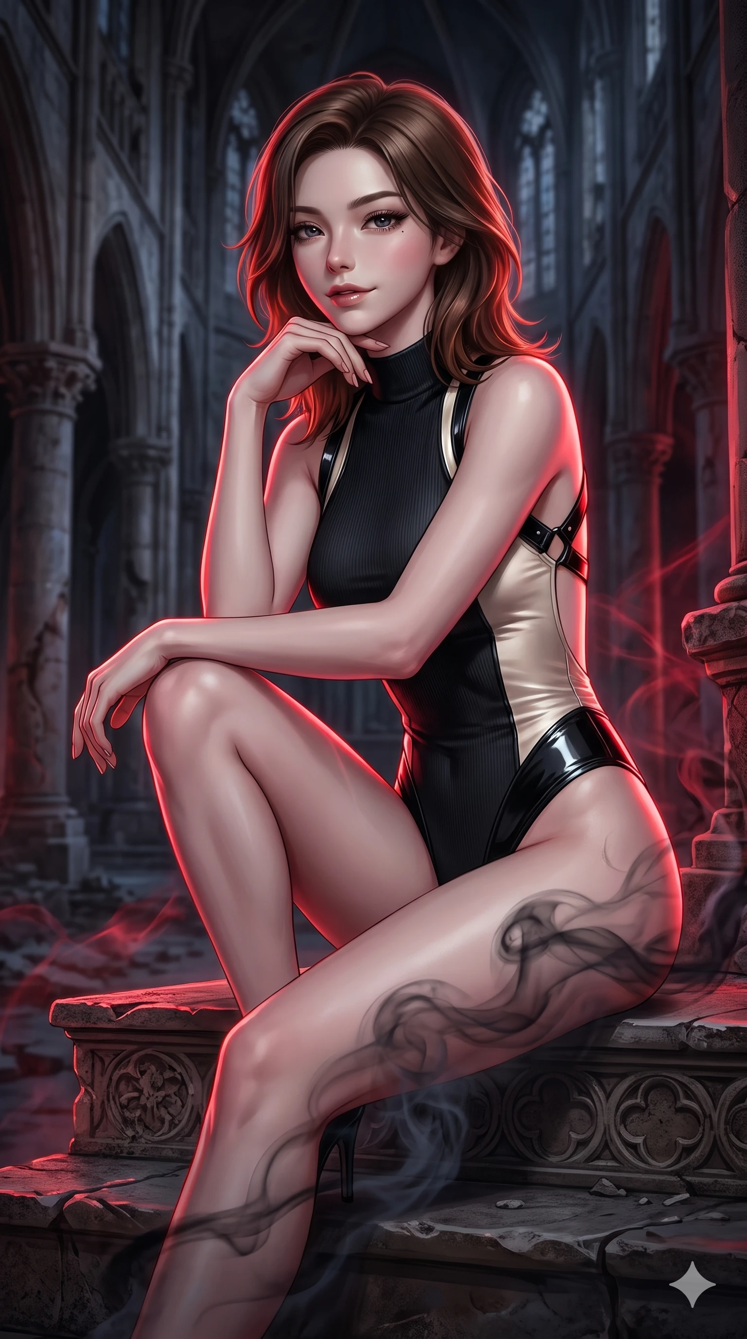 score_9, masterpiece, best quality, ultra-detailed, high-budget anime keyframe, semi-realistic 3D game render, editorial fashion photography, tasteful artistic composition, Korean woman. close-up cowboy shot from the waist and thighs up, the character dominates the composition, filling the frame with her large presence. resting her chin on the backs of her fingers with an air of effortless superiority and parted glossy lips while perched on the carved altar steps with one knee drawn up, arching her spine with supermodel poise as dark incense swirls around her long legs. The background shows a soft-focus ancient ruined European cathedral softened in gothic nocturnal shallow focus. She has an exceptionally elegant, slender, and willowy female figure with an ultra-slim waist, flat toned midriff, narrow ribcage, and sculpted feminine hips creating an alluring, slim hourglass silhouette without bulk. sharp v-shaped jawline, high-bridge nose, intricate jewel-like dark sparkling eyes with hypnotic seductive depth, thick curled eyelashes, glossy parted lips with a natural wine sheen, alluring bedroom-eyes with an enigmatic smoldering smile, exuding magnetic sovereign charisma and dark avant-garde glamour, flawlessly proportioned anatomical accuracy, strict slender model proportions, natural body alignment, perfectly sculpted long slender limbs, ultra-slim waistline, clean dynamic posture without body distortion. wearing a sleek high-neck ribbed activewear bodysuit in matte black in celestial champagne ivory and high-gloss jet black, tailored from smooth liquid silk satin that clings smoothly to her narrow waist and rounded hips with a dewy sheen, featuring an open-back criss-cross harness strap in patent black leather, the liquid-tight tailored fabric clinging flawlessly to her narrow waist and rounded feminine hips, emphasizing every millimeter of her sculpted slim hourglass curves without any bulky heaviness. bathed in sharp crimson laser rim light piercing cold midnight shadows and incense smoke. highly saturated vibrant anime colors, detailed shading with soft gradients, rich glossy textures, high-contrast stereoscopic depth, volumetric dynamic lighting, master piece, 9:16 ratio