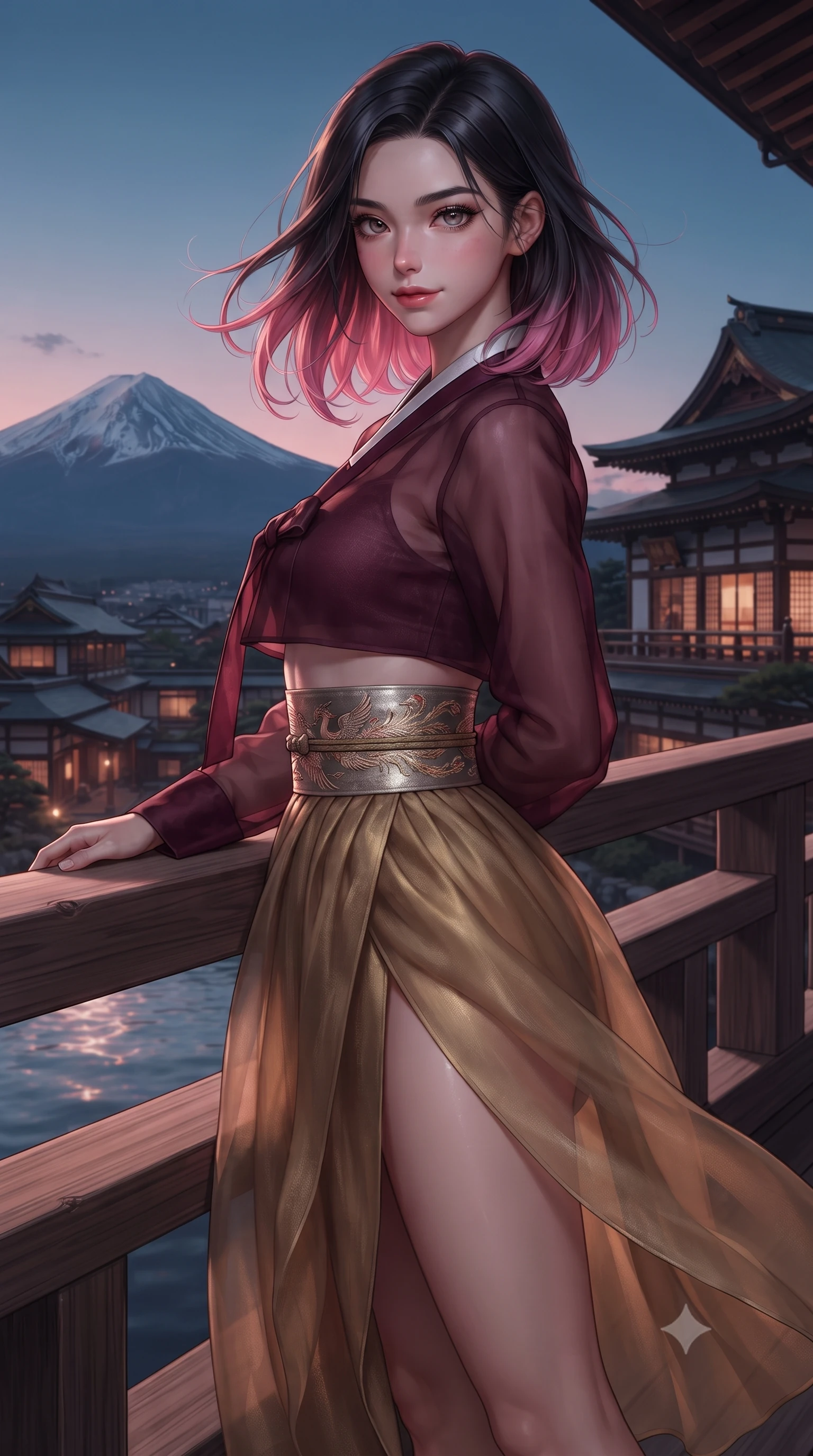 score_9, masterpiece, best quality, ultra-detailed, high-budget anime keyframe, editorial fashion photography, tasteful artistic composition, Korean woman. close-up cowboy shot from the waist and thighs up, the character dominates the composition, filling the frame with her large presence. turning slowly with a smoldering smile, her glossy dark hair tossing in the evening breeze as her hips angle gracefully in a captivating contrapposto while standing at the cedar onsen railing overlooking the snow-capped peak of Mount Fuji at dusk, arching her spine with serene seductive poise. The surrounding environment is rendered in vivid detail and crisp panoramic clarity: detailed loungewear texture, rosy flushed skin highlights, and prestigious ryokan architecture in razor-sharp precision. She has an exceptionally elegant, slender, and willowy female figure with an ultra-slim waist, flat toned midriff, narrow ribcage, and sculpted feminine hips creating an alluring, slim hourglass silhouette without bulk. sharp v-shaped jawline, high-bridge nose, intricate jewel-like dark sparkling almond eyes with depth, thick lashes, glossy parted lips with a natural rose-plum sheen, bright alluring and coquettish smile with bedroom-eyes, exuding both timeless oriental elegance and sovereign high-fashion allure, flawlessly proportioned anatomical accuracy, strict slender model proportions, natural body alignment, perfectly sculpted long slender limbs, ultra-slim waistline, clean dynamic posture without body distortion. wearing a cropped semi-sheer silk organza jeogori top paired with an ultra-high-waisted wrapped chima skirt featuring a dramatic thigh-high side slit in deep wine burgundy and brushed antique gold, tailored from sheer gossamer silk organza with an airy weightless flutter, finished with a wide metallic obi sash with intricate embroidered phoenix motifs, the glove-like silhouette tightly following the natural contour of her hips and long slender legs with youthful 8.5-heads elegance. illuminated by hot spring water caustics and sharp platinum rim lights carving her razor-sharp jawline, narrow waist, and curvy hips. ultra-reflective glossy finish, specular highlights, rich textural contrasts, high-contrast stereoscopic depth, volumetric dynamic lighting, 2k, ultra detail, master piece, 9:16 ratio