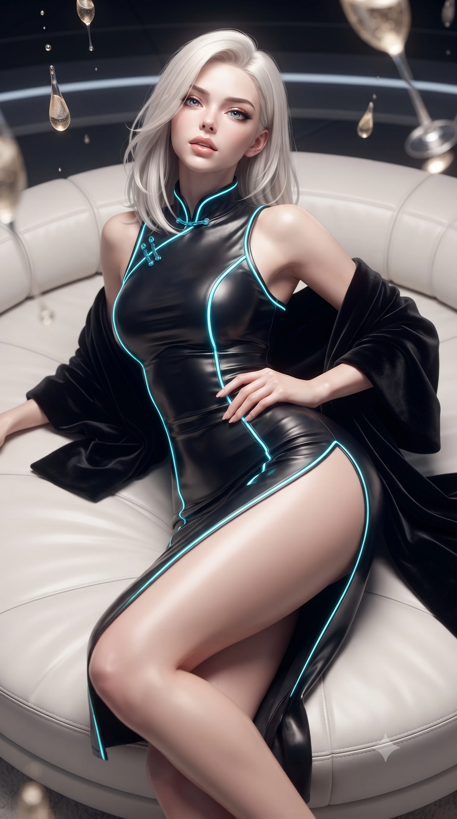 score_9, masterpiece, best quality, ultra-detailed, high-budget anime keyframe, editorial fashion photography, tasteful artistic composition, Caucasian woman. close-up cowboy shot from the waist and thighs up, the character dominates the composition, filling the frame with her large presence. tilting her chin up with proud, sovereign allure while gazing through thick eyelashes, one hand resting on her waist in pure supermodel charisma while reclining languidly on a circular white leather daybed with one knee bent, cosmic radiation auroras and planetary storm-glow tracing her feminine hips and flat midriff. The composition keeps background elements in soft focus with creamy bokeh. floating zero-gravity champagne droplets and sleek cruiser bulkhead ribs softened in glamorous sci-fi shallow focus. She has an exceptionally elegant, slender, and willowy female figure with an ultra-slim waist, flat toned midriff, narrow ribcage, and sculpted feminine hips creating an alluring, slim hourglass silhouette without bulk. sharp v-shaped jawline, high-bridge nose, intricate jewel-like eyes with depth, thick eyelashes, glossy parted lips with a natural sheen, intensely captivating and seductive bedroom-eyes expression, flawlessly proportioned anatomical accuracy, strict slender model proportions, natural body alignment, perfectly sculpted long slender limbs, ultra-slim waistline, clean dynamic posture without body distortion. wearing a modernized cyber-qipao mini dress with an ultra-high side slit ascending to the hip and glowing piping in neon electric cyan and lacquer black, formed from supple second-skin lambskin leather with specular sheen, complemented by a plush velvet shawl draped loosely over her elbows, the glove-like aerodynamic silhouette tightly following the natural contour of her hips and long slender legs with statuesque 8.5-heads elegance. illuminated by crisp directional star shine sharply defining her sculpted collarbones, ultra-slim waist, and curvy hips. ultra-reflective glossy finish, specular highlights, rich textural contrasts, high-contrast stereoscopic depth, volumetric dynamic lighting, 2k, ultra detail, master piece, 9:16 ratio