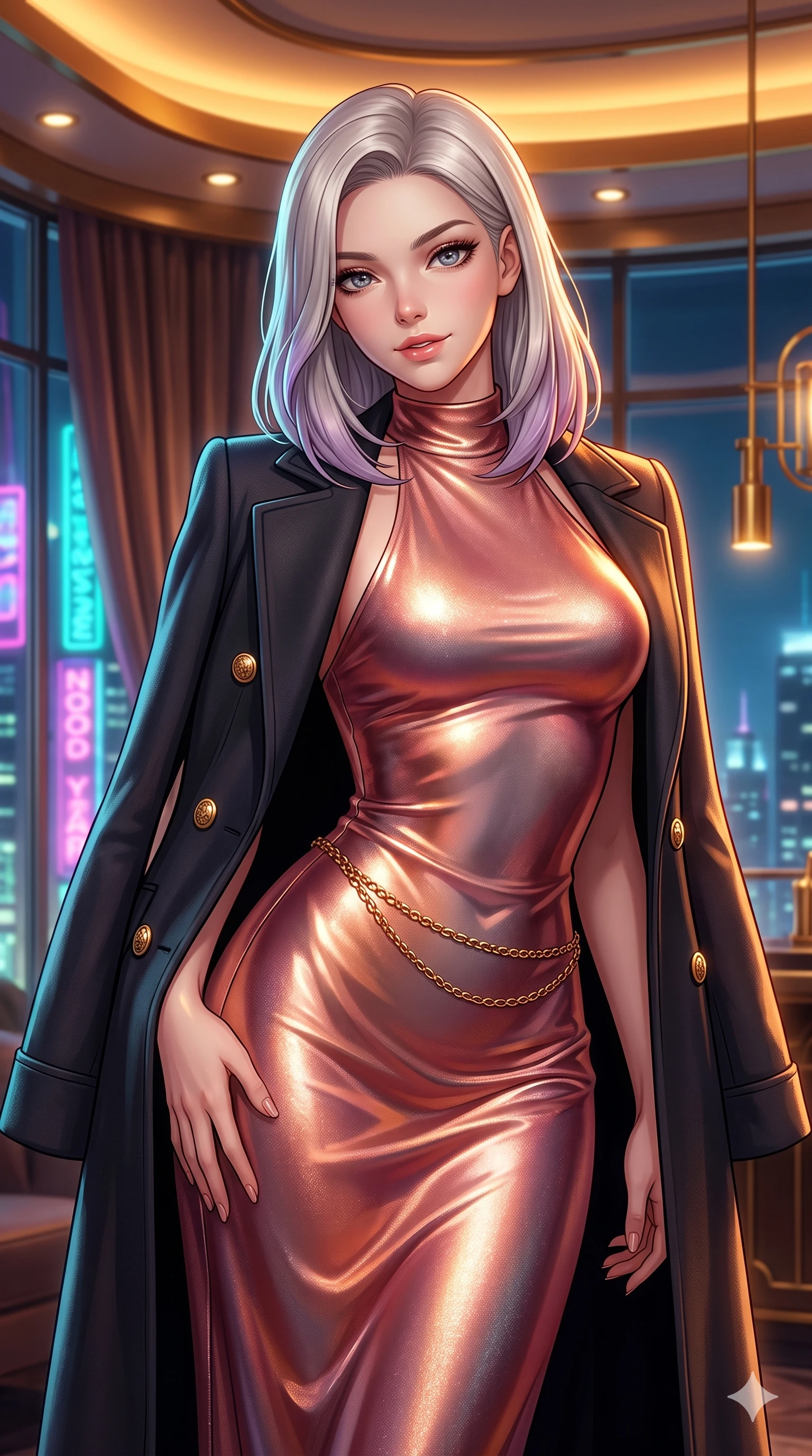 score_9, masterpiece, best quality, ultra-detailed, high-budget anime keyframe, semi-realistic 3D game render, editorial fashion photography, tasteful artistic composition, Caucasian woman. close-up cowboy shot from the waist and thighs up, the character dominates the composition, filling the frame with her large presence. tilting her head with a teasing half-smile, running one hand slowly down the side of her hip in a flirtatious S-curve as ambient light caresses her silhouette while twisting her slender torso in an alluring S-curve, glowing city lights and interior brass downlights carving sharp highlights along her narrow waist and curvy hips. The background shows a soft-focus curved Art Deco glass windows and heavy velvet drapes softened in glamorous cinematic shallow focus. She has an exceptionally elegant, slender, and willowy female figure with an ultra-slim waist, flat toned midriff, narrow ribcage, and sculpted feminine hips creating an alluring, slim hourglass silhouette without bulk. sharp v-shaped jawline, high-bridge nose, intricate jewel-like sparkling eyes with depth, thick eyelashes, glossy parted lips with a natural sheen, intensely captivating and seductive bedroom-eyes expression, exuding both youthful cute charm and sovereign luxury allure, flawlessly proportioned anatomical accuracy, strict slender model proportions, natural body alignment, perfectly sculpted long slender limbs, ultra-slim waistline, clean dynamic posture without body distortion. wearing a structured Belle Époque cashmere opera greatcoat with polished brass crest buttons layered over a high-neck slip in rose-quartz blush and burnished copper, crafted from luxurious metallic lamé that shifts radiance with every step, accented with a delicate gold chain belt resting loosely on her curvy hips, the impeccably tailored cut draping gracefully along her slender figure with aristocratic poise. bathed in the prestigious warm 2600K amber glow of recessed Art Deco cove lighting combined with cool neon skyline fill through panoramic glass. highly saturated vibrant anime colors, detailed shading with soft gradients, rich glossy textures, high-contrast stereoscopic depth, volumetric dynamic lighting, master piece, 9:16 ratio