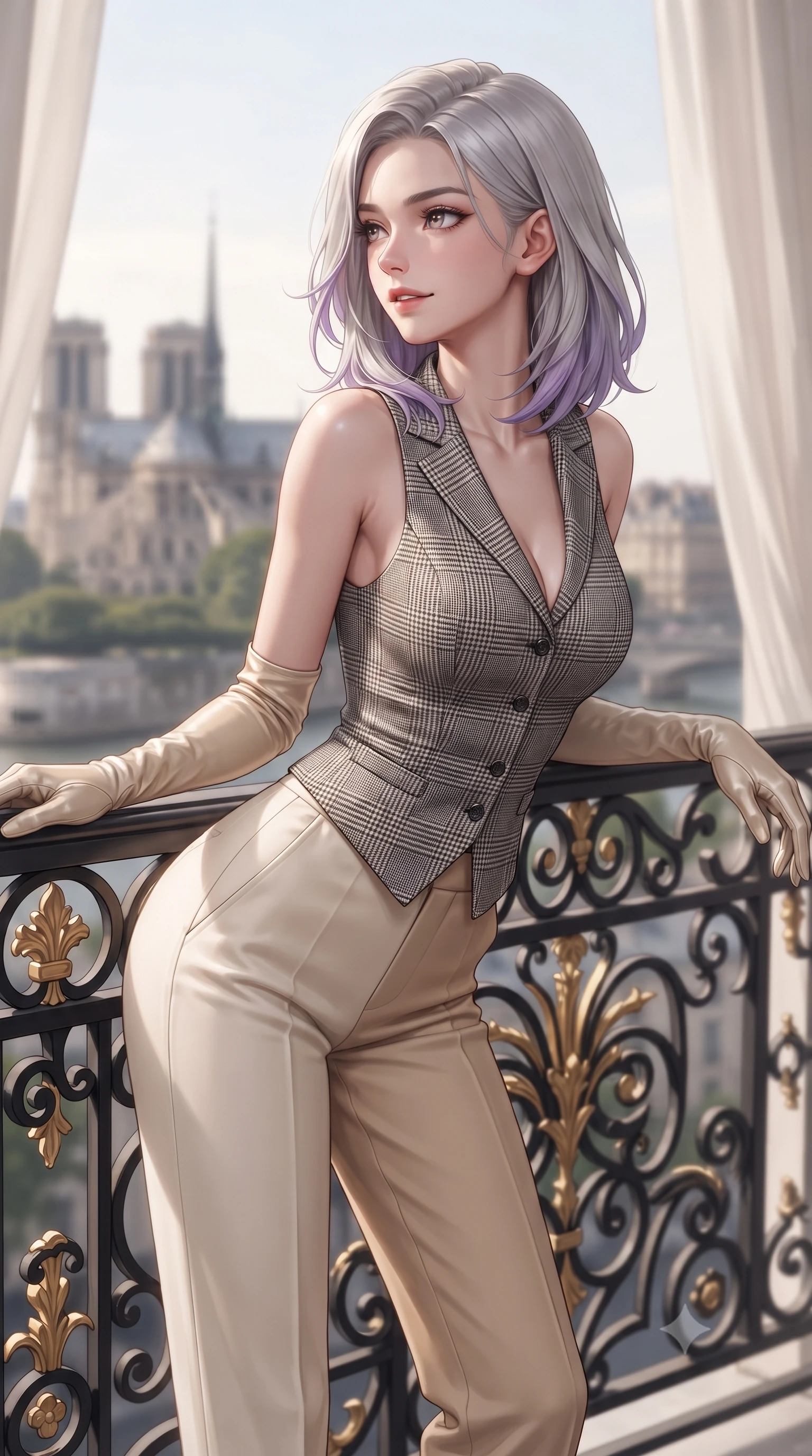 score_9, masterpiece, best quality, ultra-detailed, high-budget anime keyframe, editorial fashion photography, tasteful artistic composition, Caucasian woman. close-up cowboy shot from the waist and thighs up, the character dominates the composition, filling the frame with her large presence. resting both elbows on the balustrade while leaning forward gracefully, her smile sparkling with youthful cute charm and seductive allure while standing poised at the ornate black-and-gold wrought iron balcony railing, looking out toward Île de la Cité with an enchanting, dreamy smile. The background shows a soft-focus French apartment interior shear curtains softened in intimate Parisian morning shallow focus. She has an exceptionally elegant, slender, and willowy female figure with an ultra-slim waist, flat toned midriff, narrow ribcage, and sculpted feminine hips creating an alluring, slim hourglass silhouette without bulk. sharp v-shaped jawline, high-bridge nose, intricate jewel-like sparkling eyes with depth, thick eyelashes, glossy parted lips with a natural peach sheen, bright cheerful beaming smile with an enchanting and coquettish sensual glint, exuding both youthful cute charm and seductive allure, flawlessly proportioned anatomical accuracy, strict slender model proportions, natural body alignment, perfectly sculpted long slender limbs, ultra-slim waistline, clean dynamic posture without body distortion. wearing a sleek Prince of Wales check tailored vest bodice hugging her torso, paired with matching ultra-high-rise cigarette trousers in soft champagne ivory and warm biscuit beige, crafted from fluid liquid velvet offering rich tactile depth while adhering to her hourglass shape, complemented by buttery leather opera gloves tracing her slender arms with sleek polish, the snug waist-cinching tailoring accentuating her ultra-slim waistline and the enchanting curve of her feminine hips with alluring seductive charm. illuminated by zinc roof reflection fill and clean pearlescent rim lights accentuating her sharp jawline and willowy silhouette. ultra-reflective glossy finish, specular highlights, rich textural contrasts, high-contrast stereoscopic depth, volumetric dynamic lighting, 2k, ultra detail, master piece, 9:16 ratio