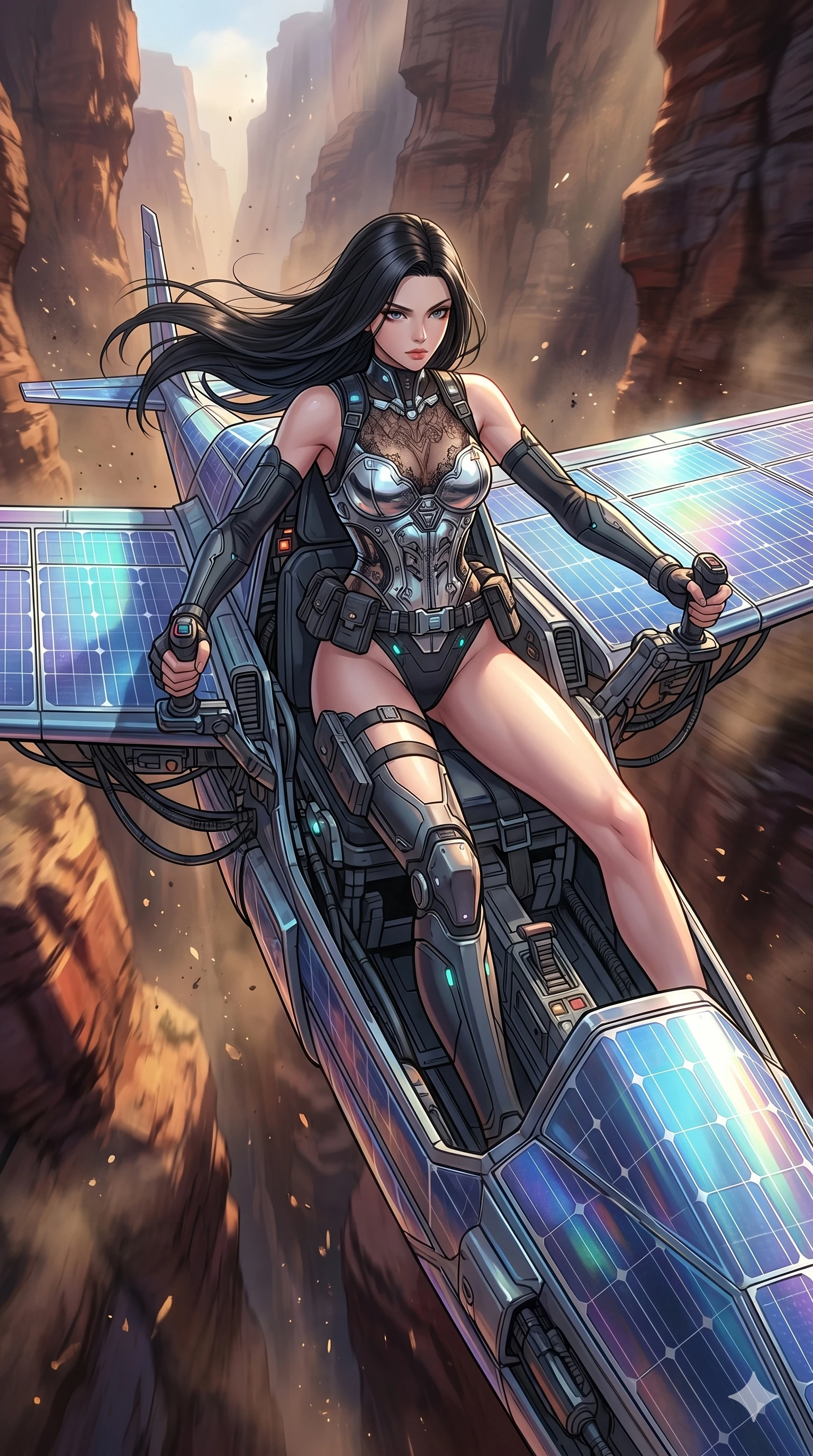 score_9, masterpiece, best quality, ultra-detailed, high-budget anime movie keyframe, cinematic anime lighting, intricate line art, Korean anime girl. Low angle cowboy shot capturing a powerful motion and statuesque presence. piloting a glider made of solar panels through a canyon. She has an absolutely perfect 8-heads proportion, an exceptionally tall and slender female figure with an ultra-slim waist and impossibly long slender legs. strictly human anatomy, two legs only, no extra limbs, clearly defined legs and arms, perfect anatomy, perfect hands and fingers. sharp v-shaped jawline, high-bridge nose, intricate jewel-like eyes, thick eyelashes, glossy lips. Wearing Cyber-Tech Legacy: Asymmetrical high-cut tech-bodysuit with detached sleeves and chrome-plated corset over sheer lace. The scene is illuminated by dramatic atmospheric lighting and vibrant color palettes. , 2k, ultra detail, master piece, 9:16 ratio