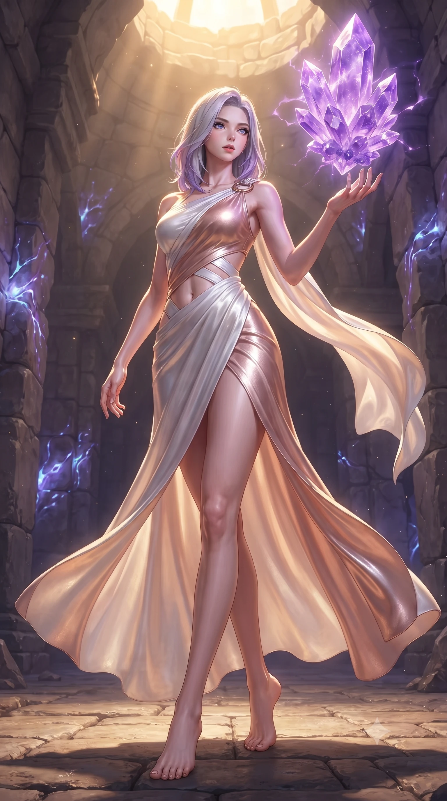 score_9, masterpiece, best quality, ultra-detailed, high-budget anime keyframe, editorial fashion photography, tasteful artistic composition, Caucasian woman. low angle full-body shot from head to toe showing her feet, filling the entire 9:16 vertical frame with her statuesque presence, stretching her vertical silhouette. forging dynamically through the scene, her vertical silhouette beautifully stretched touching a giant floating violet crystal cluster emitting pulsing energy, bioluminescent opal veins pulsing softly in the surrounding stone walls. She has an absolutely perfect, statuesque 8.5-heads proportion, an exceptionally tall and slender model-like female figure with impossibly long slender legs and an ultra-slim waist. sharp v-shaped jawline, high-bridge nose, intricate jewel-like eyes with depth, thick eyelashes, glossy lips with a natural sheen. wearing an asymmetrical Grecian draped chiffon gown with a metallic shoulder ring in pearl white and rose gold, made of premium stretch velvet with a rich sheen, featuring subtle geometric cutouts that highlight her ultra-slim midriff, the tailored fabric tightly following every curve of her athletic build. lit by warm golden sunlight colliding with cool violet crystal illumination. ultra-reflective glossy finish, specular highlights, metallic sheen, high-contrast stereoscopic depth, volumetric dynamic lighting, 2k, ultra detail, master piece, 9:16 ratio