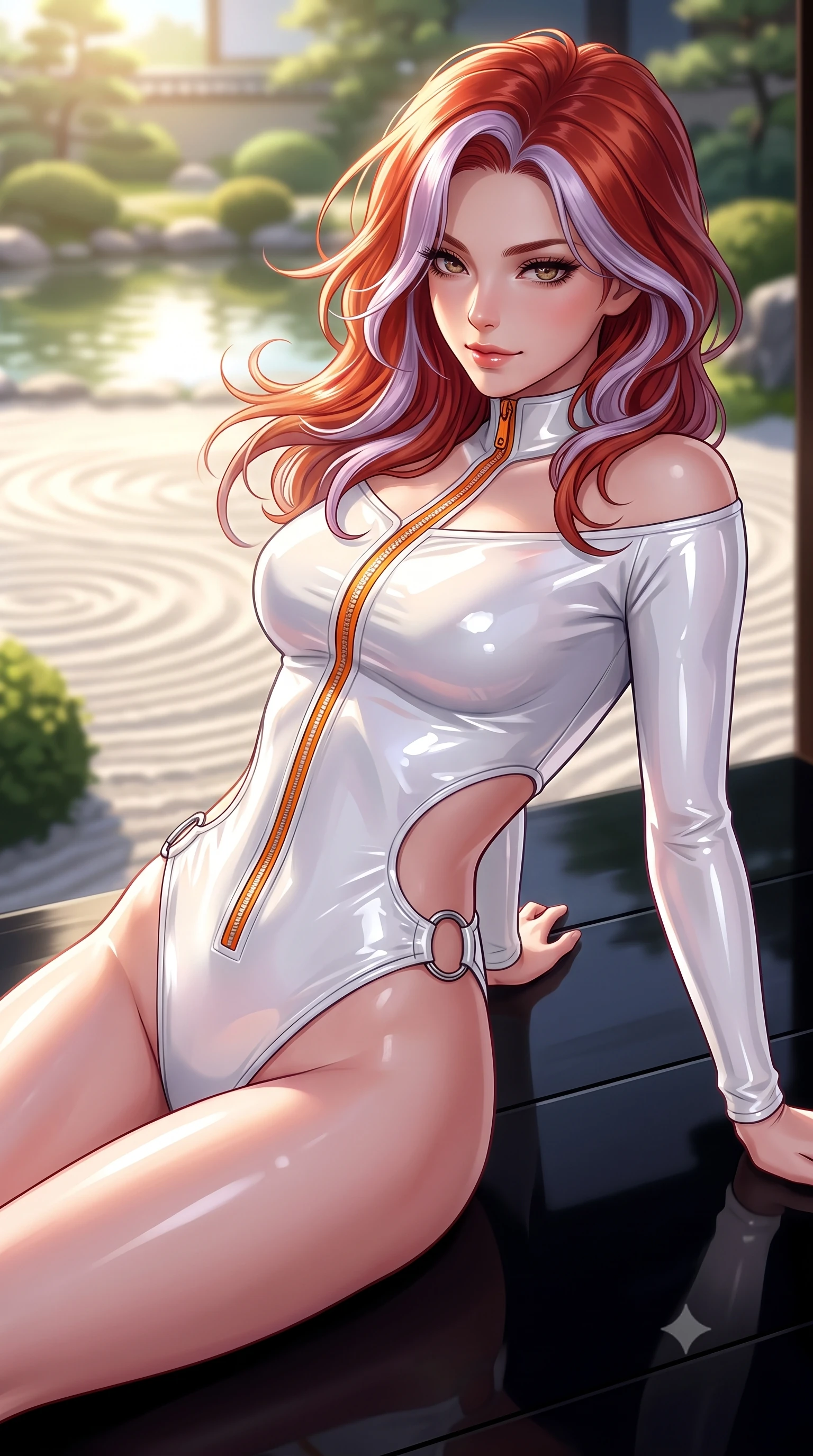 score_9, masterpiece, best quality, ultra-detailed, high-budget anime keyframe, semi-realistic 3D game render, editorial fashion photography, tasteful artistic composition, Caucasian woman. close-up cowboy shot from the waist and thighs up, the character dominates the composition, filling the frame with her large presence. stretching forward with an alluring arch of her spine, glancing over her shoulder with thick eyelashes and a smoldering half-smile while resting on a polished black lacquer veranda overlooking a manicured zen garden in radiant morning sun. The composition keeps background elements in soft focus with creamy bokeh. sunlit pond ripples creating soft, undulating light patterns across the background. She has an exceptionally elegant, slender, and willowy female figure with an ultra-slim waist, a gracefully sculpted slender torso, toned flat midriff, and a refined slim silhouette. sharp v-shaped jawline, high-bridge nose, intricate jewel-like eyes with depth, thick eyelashes, glossy lips with a natural sheen, flawlessly proportioned anatomical accuracy, strict slender model proportions, natural body alignment, perfectly sculpted long slender limbs, ultra-slim waistline, clean dynamic posture without body distortion. wearing a glossy white second-skin latex bodysuit with high-thigh cuts, exposed clavicle neckline, and gleaming zipper details in vivid sunset amber orange and cloud white, formed from high-gloss patent material with specular light reflections, detailed with polished silver rings connecting the daring side-waist cutouts, the sleek second-skin cut tightly hugging her graceful clavicle, narrow waist, and feminine curves with athletic precision. surrounded by a majestic, timeless, and captivatingly sensual oriental royalty aura. highly saturated vibrant anime colors, detailed shading with soft gradients, rich glossy textures, high-contrast stereoscopic depth, volumetric dynamic lighting, master piece, 9:16 ratio