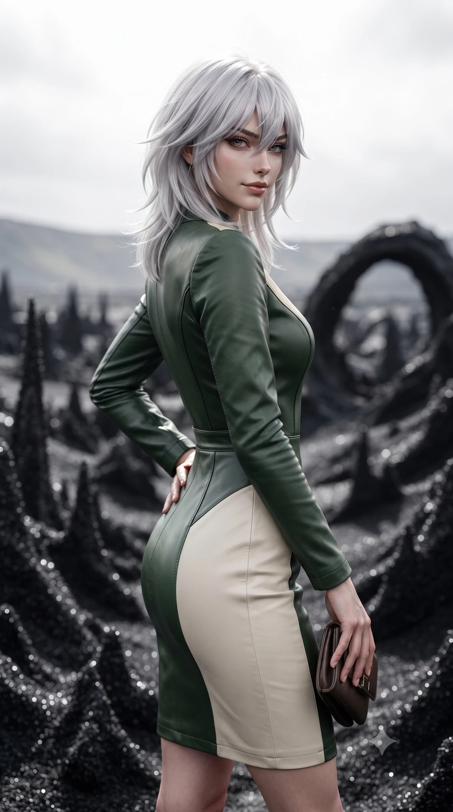 score_9, masterpiece, best quality, ultra-detailed, high-budget anime keyframe, editorial fashion photography, tasteful artistic composition, Japanese woman. close-up cowboy shot from the waist and thighs up, the character dominates the composition, filling the frame with her large presence, background elements kept in soft focus. Glancing sidelong over her shoulder with a smoldering half-smile. set against a soft-focus background of a valley filled with jet-black magnetic sand that rises in hypnotic patterns forming spires waves and impossible arching structures responding to unseen magnetic forces creating a landscape of dark geometric beauty. She has an exceptionally elegant and slender, willowy female figure with an ultra-slim waist, a gracefully sculpted slender torso, and a refined slim physique. sharp v-shaped jawline, high-bridge nose, intricate jewel-like eyes with depth, thick eyelashes, glossy lips with a natural sheen. wearing a fitted pencil dress in color-blocked forest green and cream leather, contouring her athletic, slender build. stark high-contrast lighting with a bright overcast sky above creating sharp definition on the black sand formations with metallic specular highlights on the magnetite particles. 2k, ultra detail, master piece, 9:16 ratio