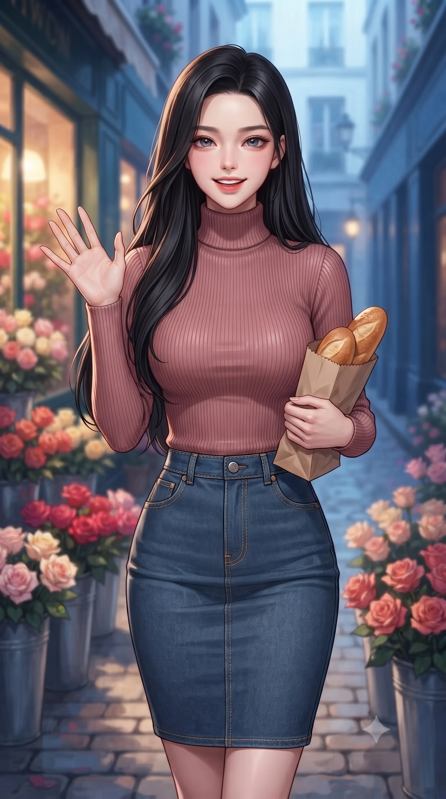 score_9, masterpiece, best quality, ultra-detailed, high-budget anime keyframe, editorial fashion photography, tasteful artistic composition, Korean woman. close-up cowboy shot from the waist and thighs up, the character dominates the composition, filling the frame with her large presence, background elements kept in soft focus. flashing a sweet, beaming smile while waving one hand gently toward the camera set against a soft-focus background of outside a charming flower shop alley filled with buckets of colorful roses holding a small paper bag of fresh warm bread, smiling cutely. She has an exceptionally elegant, slender, and willowy female figure with an ultra-slim waist, a gracefully sculpted slender torso, and a refined silhouette. sharp v-shaped jawline, high-bridge nose, intricate jewel-like eyes with depth, thick eyelashes, glossy lips with a natural sheen. wearing slim-fit form-fitting ribbed knit turtleneck in dusty rose, tucked into a slim denim pencil skirt. warm glow from the shop windows clashing with the cool blue alley shadows. ultra-reflective glossy finish, specular highlights, metallic sheen, high-contrast stereoscopic depth, volumetric dynamic lighting, 2k, ultra detail, master piece, 9:16 ratio