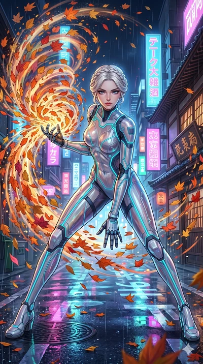 score_9, masterpiece, best quality, ultra-detailed, Set C: High-budget Anime Keyframe, Korean woman. Low angle cowboy shot filling the entire 9:16 frame with her statuesque presence. Summoning a vortex of colorful leaves in a futuristic Tokyo street.