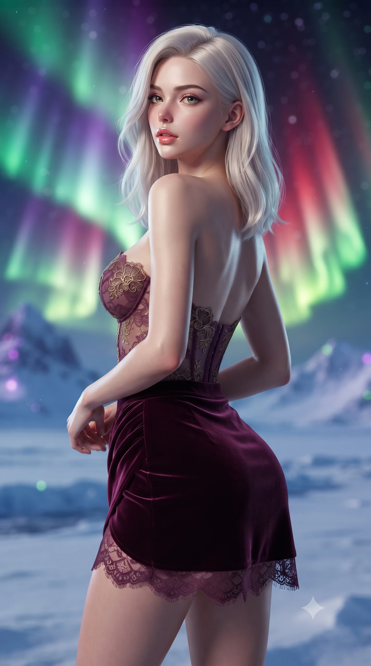 score_9, masterpiece, best quality, ultra-detailed, high-budget anime keyframe, editorial fashion photography, tasteful artistic composition, Caucasian woman. close-up cowboy shot from the waist and thighs up, the character dominates the composition, filling the frame with her large presence. posing in an alluring rear three-quarter angle, looking over a bare shoulder with parted glossy lips, her hips cocked back to highlight her slim hourglass curve while twisting her slender torso in an alluring S-curve, dynamic green and crimson auroral waves cascading across her silhouette and curvy hips. The background shows a soft-focus monumental multi-tiered aurora borealis corona shimmering across the polar sky, vast tundra snowfields, and distant icy peaks blurred into violet, lime, and obsidian bokeh. She has an exceptionally elegant, slender, and willowy female figure with an ultra-slim waist, flat toned midriff, narrow ribcage, and sculpted feminine hips creating an alluring, slim hourglass silhouette without bulk. sharp v-shaped jawline, high-bridge nose, sparkling eyes with hypnotic seductive depth, thick curled eyelashes, glossy parted lips with a natural dewy peach sheen, alluring bedroom-eyes with an enchanting coquettish smile, exuding magnetic siren charisma and sophisticated glamour, flawlessly proportioned anatomical accuracy, strict slender model proportions, natural body alignment, perfectly sculpted long slender limbs, ultra-slim waistline, clean dynamic posture without body distortion. wearing a sculpted underwire demi-bustier in semi-sheer lace paired with an ultra-short draped tulip skirt in rich dark plum violet and gilded antique brass, tailored from ultra-plush velvet with rich tactile depth and deep shadow gradients, finished with scalloped eyelash lace trim framing her sweetheart neckline with intimate elegance, the precision-cut side openings and low-back scoop framing her graceful spine and the sensual sweep of her slim, toned hips. bathed in the dynamic shifting glow of the aurora borealis illuminating the night sky with vibrant green and violet hues. ultra-reflective glossy finish, specular highlights, rich textural contrasts, high-contrast stereoscopic depth, volumetric dynamic lighting, 2k, ultra detail, master piece, 9:16 ratio