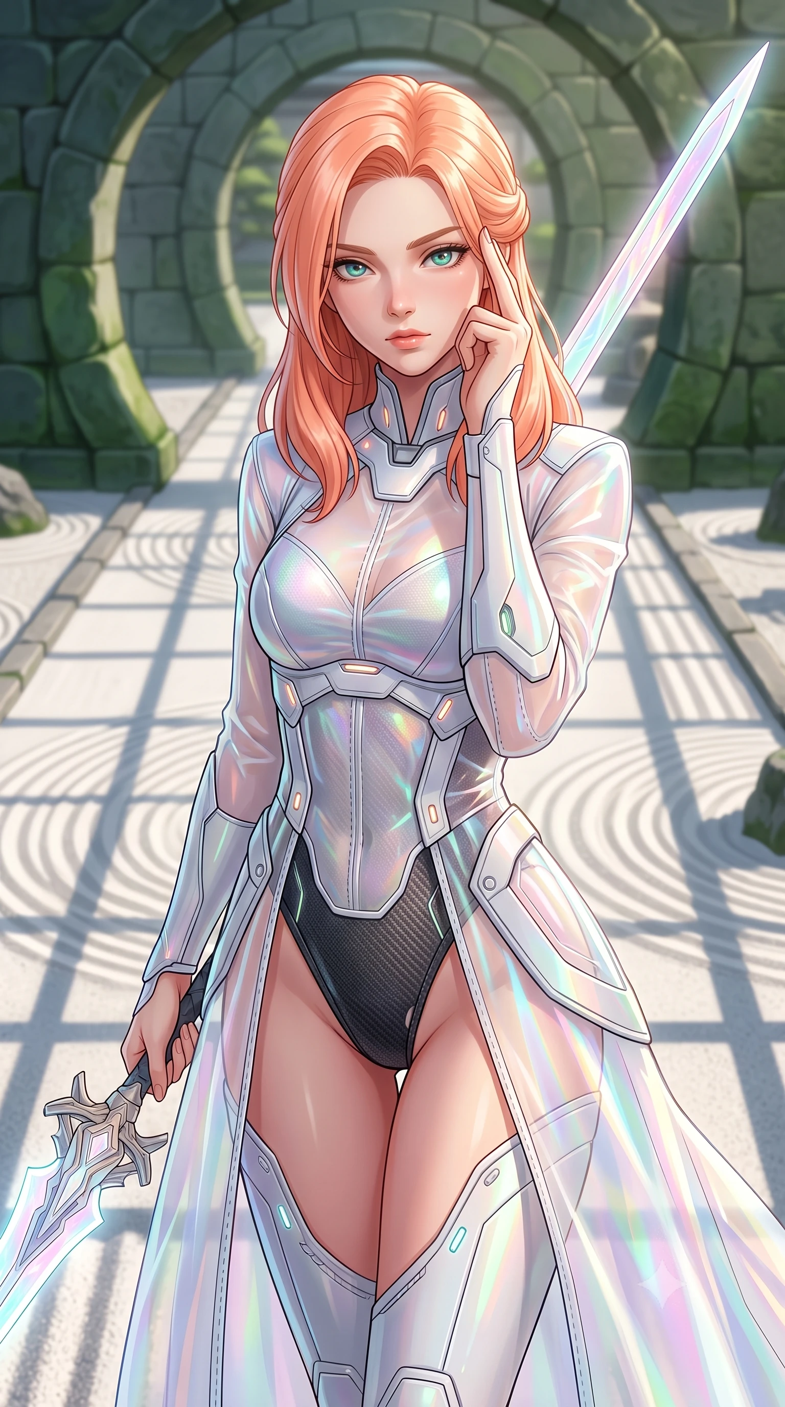 score_9, masterpiece, best quality, ultra-detailed, high-budget anime keyframe, editorial fashion photography, tasteful artistic composition, Japanese woman. close-up cowboy shot from the waist and thighs up, the character dominates the composition, filling the frame with her large presence, background elements kept in soft focus. pressing two fingers to her temple while holding a light-spear diagonally behind her in a composed thoughtful gesture, the background shows a soft-focus a rock garden path with raked white sand and structured green stone arches. She has an exceptionally elegant, slender, and willowy female figure with an ultra-slim waist, a gracefully sculpted slender torso, and a refined silhouette. sharp v-shaped jawline, high-bridge nose, intricate jewel-like eyes with depth, thick eyelashes, glossy lips with a natural sheen. wearing a tailored sheer white holographic organza combat gown worn over a high-cut carbon-fiber leotard. crisp morning sunlight casting sharp, clean grid shadows across the sand. highly saturated vibrant anime colors, detailed shading with soft gradients, rich glossy textures, high-contrast stereoscopic depth, volumetric dynamic lighting, master piece, 9:16 ratio