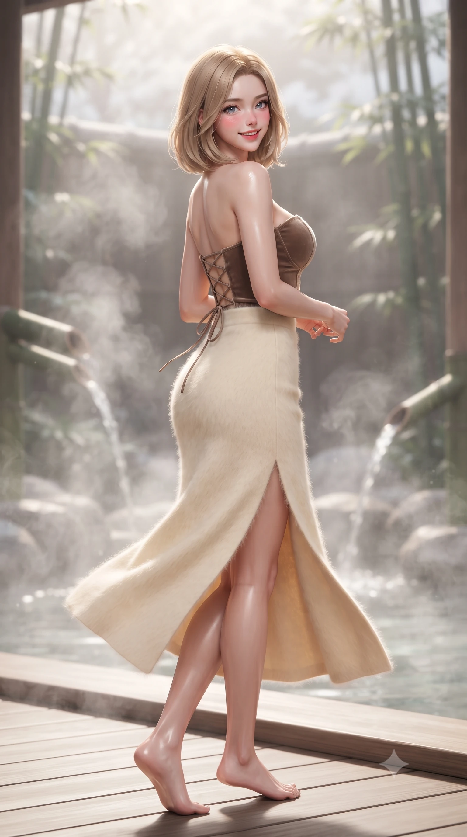 score_9, masterpiece, best quality, ultra-detailed, high-budget anime keyframe, editorial fashion photography, tasteful artistic composition, Korean woman. low angle full-body shot from head to toe showing her feet, filling the entire 9:16 vertical frame with her statuesque presence, stretching her vertical silhouette. executing a cheerful mid-motion pivot turn as her winter skirt flutters around her slender legs, glancing over her shoulder with an intoxicating, teasing bedroom-gaze while standing poised at the cedar walkway edge with hips cocked back, looking over a bare shoulder with an alluring, mist-veiled bedroom-gaze. The composition keeps background elements in soft focus with dreamy creamy bokeh. swirling mineral onsen steam tendrils and gentle bamboo water spouts softened in Japanese winter onsen shallow focus. She has an exceptionally tall and slender model-like 8.5-heads proportion, an ultra-slim waist, a flat toned midriff, narrow delicate ribcage, and beautifully sculpted feminine hips creating a graceful, slim hourglass silhouette without any bulky heaviness, with impossibly long slender legs. sharp v-shaped jawline, high-bridge nose, sparkling ice-crystal eyes with depth, frosty thick lashes, glossy parted lips with a rosy berry sheen, bright playful smile with an intoxicating seductive glint, rosy flushed cheeks radiating cozy warmth and dangerous allure, flawlessly proportioned anatomical accuracy, strict slender model proportions, natural body alignment, perfectly sculpted long slender limbs, ultra-slim waistline, clean dynamic posture without body distortion. wearing a sweetheart-neckline velvet bustier top paired with a high-slit wool-crepe maxi skirt in warm mocha brown and vanilla cream, tailored from plush brushed mohair with delicate fuzzy halo texture, finished with criss-cross back satin laces tracing her slender spine, the glove-like silhouette tightly following the natural contour of her hips and long slender legs with youthful 8.5-heads elegance. illuminated by steaming spring water caustics and crisp silver rim lighting sharply carving her razor-sharp jawline, narrow waist, and curvy hips. ultra-reflective glossy finish, specular highlights, rich textural contrasts, high-contrast stereoscopic depth, volumetric dynamic lighting, 2k, ultra detail, master piece, 9:16 ratio