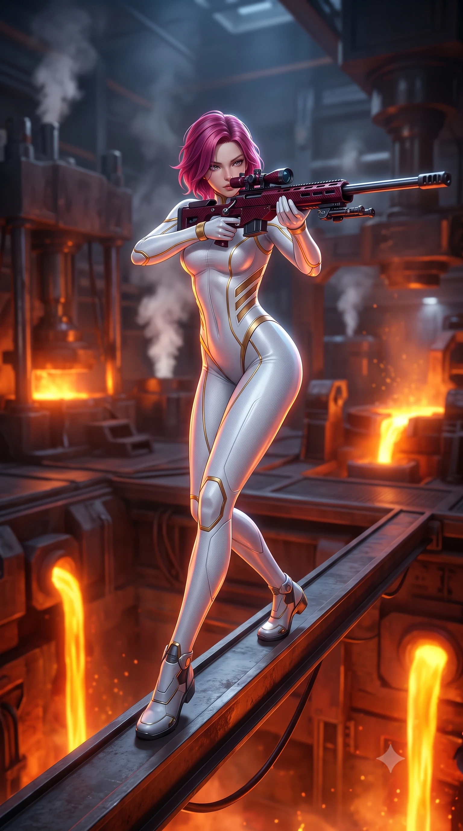 score_9, masterpiece, best quality, ultra-detailed, high-budget anime keyframe, semi-realistic 3D game render, editorial fashion photography, tasteful artistic composition, Caucasian woman. low angle full-body shot from head to toe showing her feet, filling the entire 9:16 vertical frame with her statuesque presence, stretching her vertical silhouette. arching her spine in a fluid zero-gravity combat turn with sovereign grace, her long slender legs and sculpted torso creating a sweeping line of power while stepping along a narrow steel bridge overlooking the volcanic forge with commanding, sovereign grace. The composition keeps background elements in soft focus with creamy bokeh. massive industrial forge hydraulic presses and steam vents softened in atmospheric shallow focus. She has an absolutely perfect, statuesque 8.5-heads proportion, an exceptionally tall and slender model-like female figure with impossibly long slender legs, a toned flat midriff, and an ultra-slim waist. sharp v-shaped jawline, high-bridge nose, intricate jewel-like eyes with depth, thick eyelashes, glossy lips with a natural sheen, flawlessly proportioned anatomical accuracy, strict slender model proportions, natural body alignment, perfectly sculpted long slender limbs, ultra-slim waistline, clean dynamic posture without body distortion. wearing a form-contouring arctic white carbon-composite battle-suit with solar gold trim and diagonal midriff vents, aiming a precision carbon-fiber railgun sniper rifle with divine focus in deep crimson carbon weave with specular dark chrome accents, formed from high-gloss patent carbon-plating with specular chiaroscuro reflections, detailed with magnetic weapon holsters and polished chrome connection clasps, the glove-like aerodynamic second-skin fit tightly clinging to her ultra-slender waist and athletic curves without adding bulk, accentuating her razor-sharp statuesque lines and slim hourglass silhouette. bathed in blazing orange magma uplights and intense molten plasma scythe glow. rich saturated anime colors with glowing neon highlights, detailed shading with soft gradients, rich glossy textures, high-contrast stereoscopic depth, volumetric dynamic lighting, master piece, 9:16 ratio