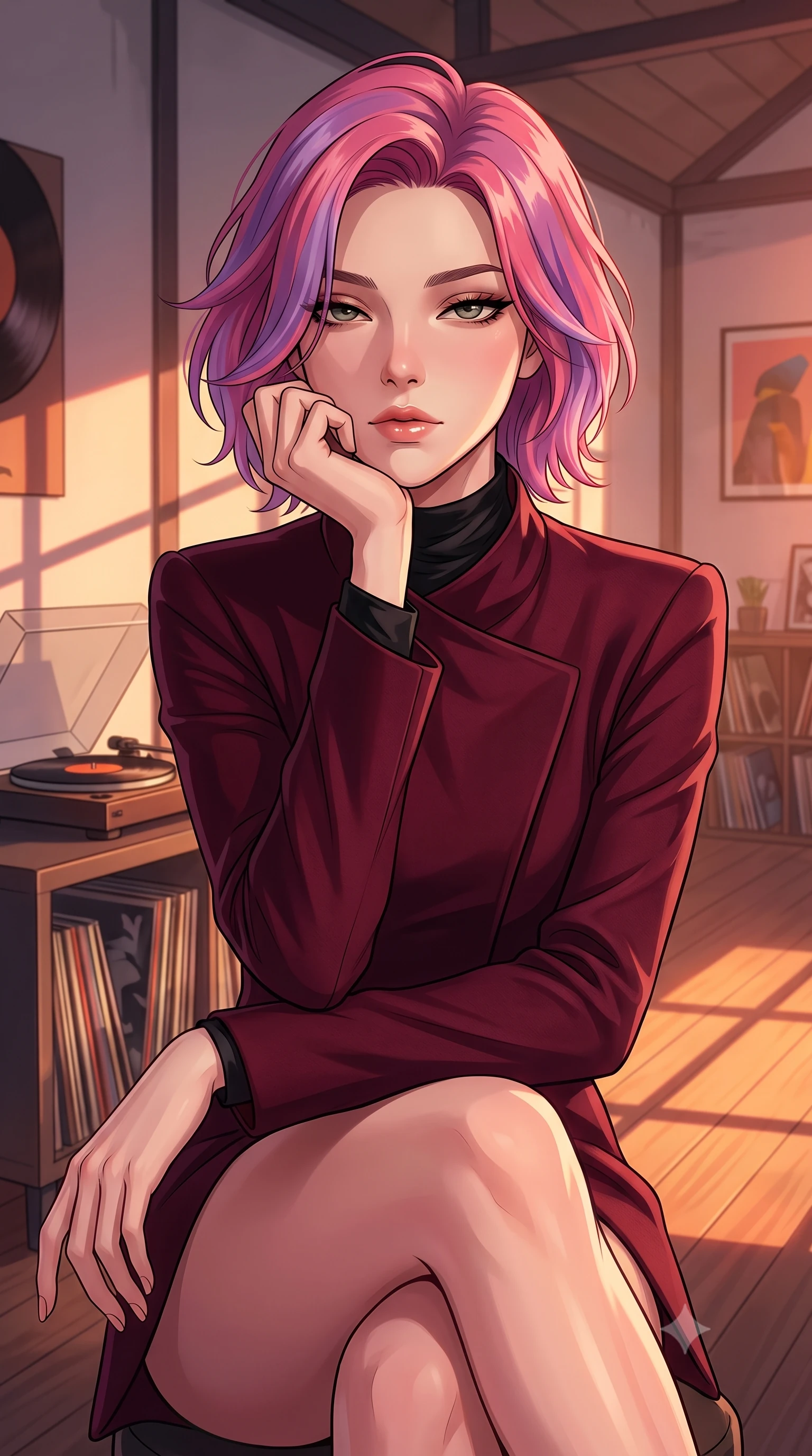 score_9, masterpiece, best quality, ultra-detailed, high-budget anime keyframe, tasteful artistic composition, Caucasian woman. close-up cowboy shot from the waist and thighs up, the character dominates the composition, filling the frame with her large presence, background elements kept in soft focus. resting her chin on the backs of her fingers, casting a heavy-lidded, sultry look past the camera the background shows a soft-focus a modern loft studio apartment with high ceilings and a record player spinning a vinyl. She has an exceptionally elegant, slender, and willowy female figure with an ultra-slim waist, a gracefully sculpted slender torso, and a refined silhouette. sharp v-shaped jawline, high-bridge nose, intricate jewel-like eyes with depth, thick eyelashes, glossy lips with a natural sheen. wearing a tailored tailored asymmetric jacket in deep burgundy wool with a high wrap collar, over a black silk mock-neck blouse. warm evening sunlight casting long geometric shadow lines across the floor. highly saturated vibrant anime colors, cel-shading, 2d style, master piece, 9:16 ratio