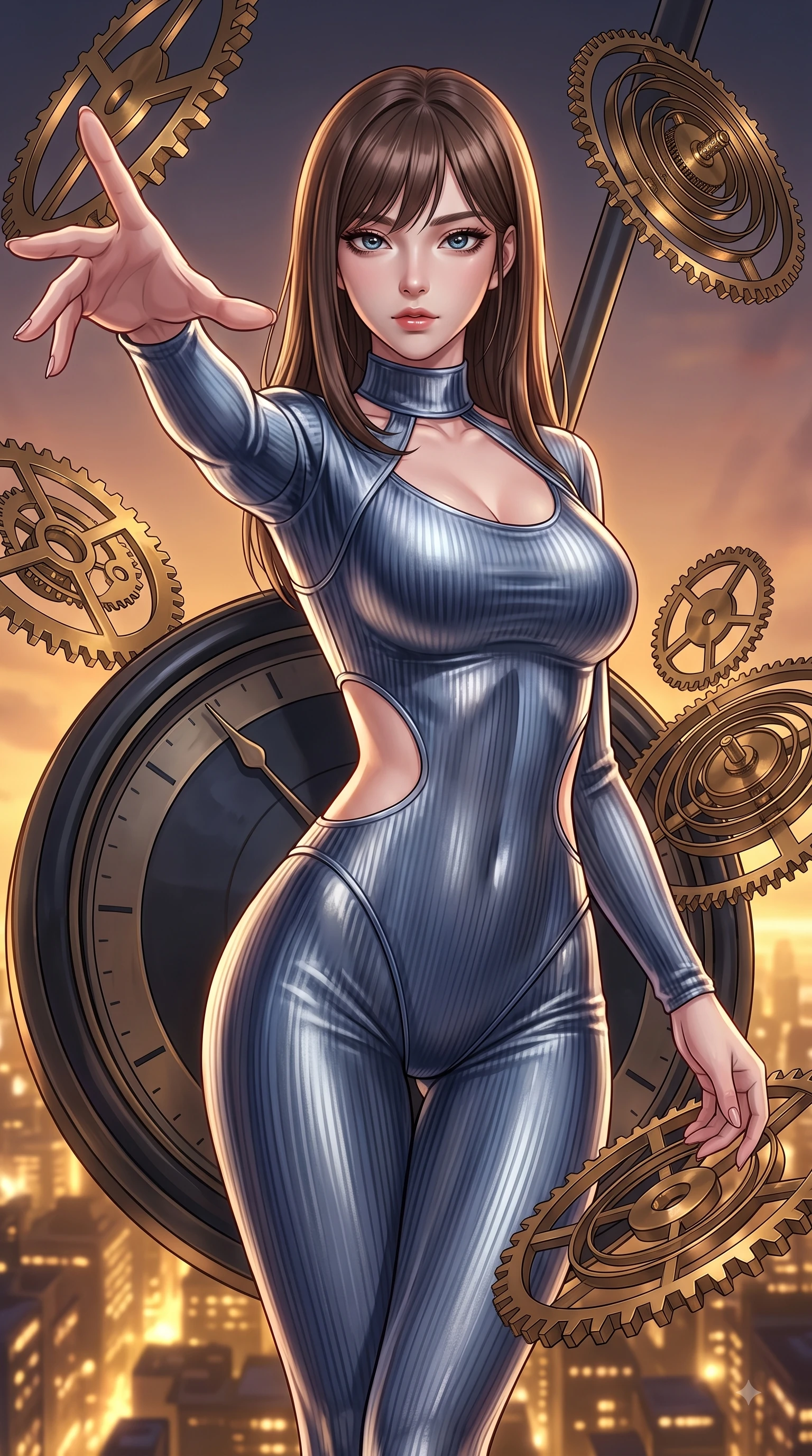 score_9, masterpiece, best quality, ultra-detailed, high-budget anime keyframe, editorial fashion photography, tasteful artistic composition, Korean woman. close-up cowboy shot from the waist and thighs up, the character dominates the composition, filling the frame with her large presence, background elements kept in soft focus. Reaching one arm gracefully toward the camera with magnetic poise, displaying her statuesque silhouette while resting against a mechanical clock pendulum swinging over a golden illuminated city below, floating brass gears and clocksprings casting intricate metallic reflections. She has an exceptionally elegant, slender, and willowy female figure with an ultra-slim waist, a gracefully sculpted slender torso, and a refined silhouette. sharp v-shaped jawline, high-bridge nose, intricate jewel-like eyes with depth, thick eyelashes, glossy lips with a natural sheen, flawlessly proportioned anatomical accuracy, natural body alignment, perfectly sculpted elegant limbs, clean dynamic posture without body distortion. wearing a form-fitting ribbed activewear set with elegant collar cutouts in slate blue and metallic silver, made of premium stretch velvet with a rich sheen, featuring clean architectural cutouts along her slender torso, the elegant draped fit framing her graceful clavicle and slender torso. bathed in warm twilight amber backlighting and rich metallic specular glow. highly saturated vibrant anime colors, detailed shading with soft gradients, rich glossy textures, high-contrast stereoscopic depth, volumetric dynamic lighting, master piece, 9:16 ratio