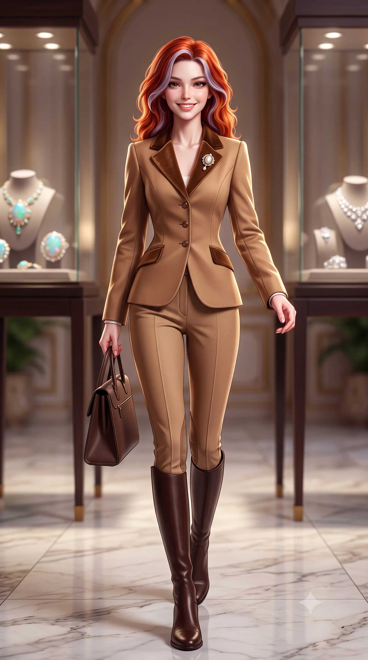 score_9, masterpiece, best quality, ultra-detailed, high-budget anime keyframe, semi-realistic 3D game render, editorial fashion photography, tasteful artistic composition, Caucasian woman. low angle full-body shot from head to toe showing her feet, filling the entire 9:16 vertical frame with her statuesque presence, stretching her vertical silhouette. walking briskly with tall supermodel strides, one hand holding her leather bag and the other swinging with energetic charm while sitting poised on an ivory velvet banquette with hands folded neatly in her lap, exuding impeccable French haute-couture elegance. The background shows a soft-focus glass display cases with luxury jewels softened in opulent Parisian palace shallow focus. She has an exceptionally tall and slender model-like 8.5-heads proportion, an ultra-slim waist, a flat toned midriff, narrow delicate ribcage, and beautifully sculpted feminine hips creating a graceful, slim hourglass silhouette without any bulky heaviness, with impossibly long slender legs. sharp v-shaped jawline, high-bridge nose, intricate jewel-like sparkling eyes with depth, thick eyelashes, glossy parted lips with a natural peach sheen, bright cheerful beaming smile with an enchanting and coquettish sensual glint, exuding both youthful cute charm and seductive allure, flawlessly proportioned anatomical accuracy, strict slender model proportions, natural body alignment, perfectly sculpted long slender limbs, ultra-slim waistline, clean dynamic posture without body distortion. wearing a tailored velvet collar wool equestrian blazer paired with slim-cut riding trousers and knee-high leather boots in Saint-Germain camel wool and warm espresso, crafted from rich cotton velvet with deep light-absorbing pile and soft gradients, complemented by an antique baroque pearl brooch pinned tastefully on the lapel, the bespoke architectural tailoring hugging her natural waistline with sartorial precision, creating a clean graceful hourglass silhouette with tall model elegance. illuminated by polished marble floor bounce and pristine champagne rim lights defining her razor-sharp jawline and elegant tailored silhouette. highly saturated vibrant anime colors, detailed shading with soft gradients, rich glossy textures, high-contrast stereoscopic depth, volumetric dynamic lighting, master piece, 9:16 ratio