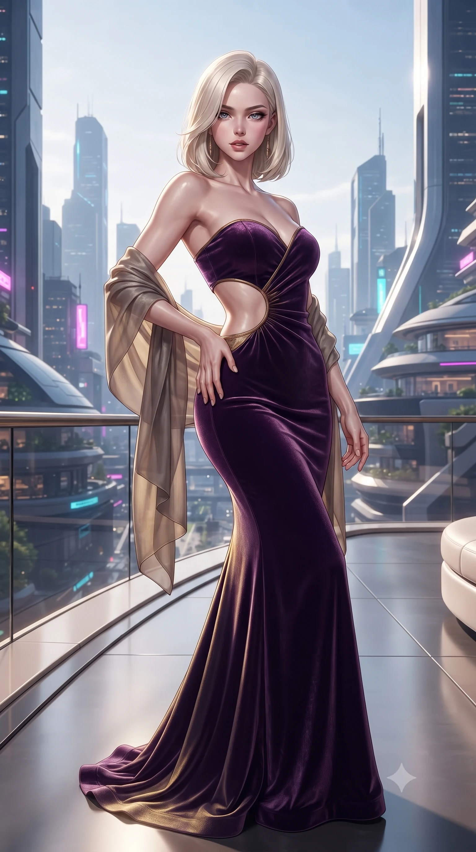 score_9, masterpiece, best quality, ultra-detailed, high-budget anime keyframe, editorial fashion photography, tasteful artistic composition, Caucasian woman. close-up cowboy shot from the waist and thighs up, the character dominates the composition, filling the frame with her large presence. arching her spine backward with effortless dancer poise, one hand sliding along her hip line as directional light carves specular highlights along her silhouette while pivoting gracefully on the polished balcony deck with hips shifted in a pronounced contrapposto stance, parted glossy lips reflecting city neon. The surrounding environment is rendered in vivid detail and crisp panoramic clarity. sleek modern luxury chiaroscuro and futuristic skyline elegance rendered with environmental precision. She has an exceptionally elegant, slender, and willowy female figure with an ultra-slim waist, a gracefully sculpted slender torso, toned flat midriff, and rounded feminine hips creating an alluring hourglass silhouette. sharp v-shaped jawline, high-bridge nose, intricate jewel-like eyes with depth, thick eyelashes, glossy parted lips with a natural sheen, intensely captivating and seductive bedroom-eyes expression, flawlessly proportioned anatomical accuracy, strict slender model proportions, natural body alignment, perfectly sculpted long slender limbs, ultra-slim waistline, clean dynamic posture without body distortion. wearing a sculptured strapless velvet evening gown with an open-waist ring cutout and body-hugging mermaid silhouette in imperial purple velvet and antique gold, woven from layered gossamer chiffon with a weightless sweeping drape, finished with a gossamer silk shawl draped loosely over her elbows, the liquid-tight tailored fabric clinging flawlessly to her narrow waist and rounded feminine hips, emphasizing every millimeter of her sculpted hourglass curves during movement. illuminated by crisp directional edge lights sharply sculpting her slender waist and curvy feminine hips. ultra-reflective glossy finish, specular highlights, rich textural contrasts, high-contrast stereoscopic depth, volumetric dynamic lighting, 2k, ultra detail, master piece, 9:16 ratio