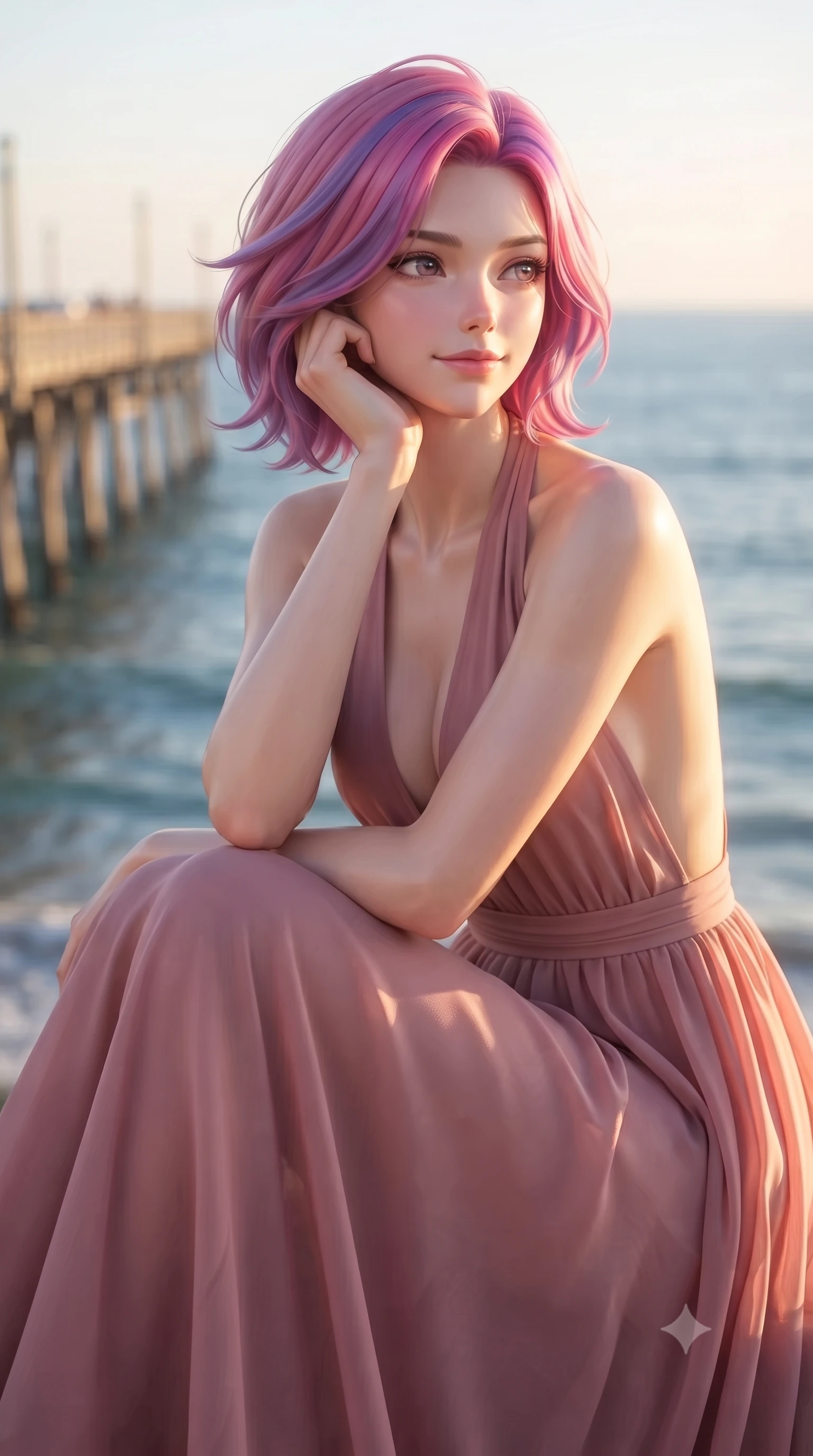 score_9, masterpiece, best quality, ultra-detailed, high-budget anime keyframe, editorial fashion photography, tasteful artistic composition, Caucasian woman woman. close-up cowboy shot from the waist and thighs up, the character dominates the composition, filling the frame with her large presence, background elements kept in soft focus. resting her chin on her hand, looking out at the beautiful scenery with a soft smile the background shows a soft-focus the end of a long wooden pier stretching out into a calm blue ocean. She has an exceptionally elegant, slender, and willowy female figure with an ultra-slim waist, a gracefully sculpted slender torso, and a refined silhouette. sharp v-shaped jawline, high-bridge nose, intricate jewel-like eyes with depth, thick eyelashes, glossy lips with a natural sheen. wearing a form-contouring deep plunging-V neck maxi dress in dusty rose chiffon with a bold halter neck and low-cut back. warm golden hour sunbeams tracing a soft glowing rim light along her figure. ultra-reflective glossy finish, specular highlights, metallic sheen, high-contrast stereoscopic depth, volumetric dynamic lighting, 2k, ultra detail, master piece, 9:16 ratio