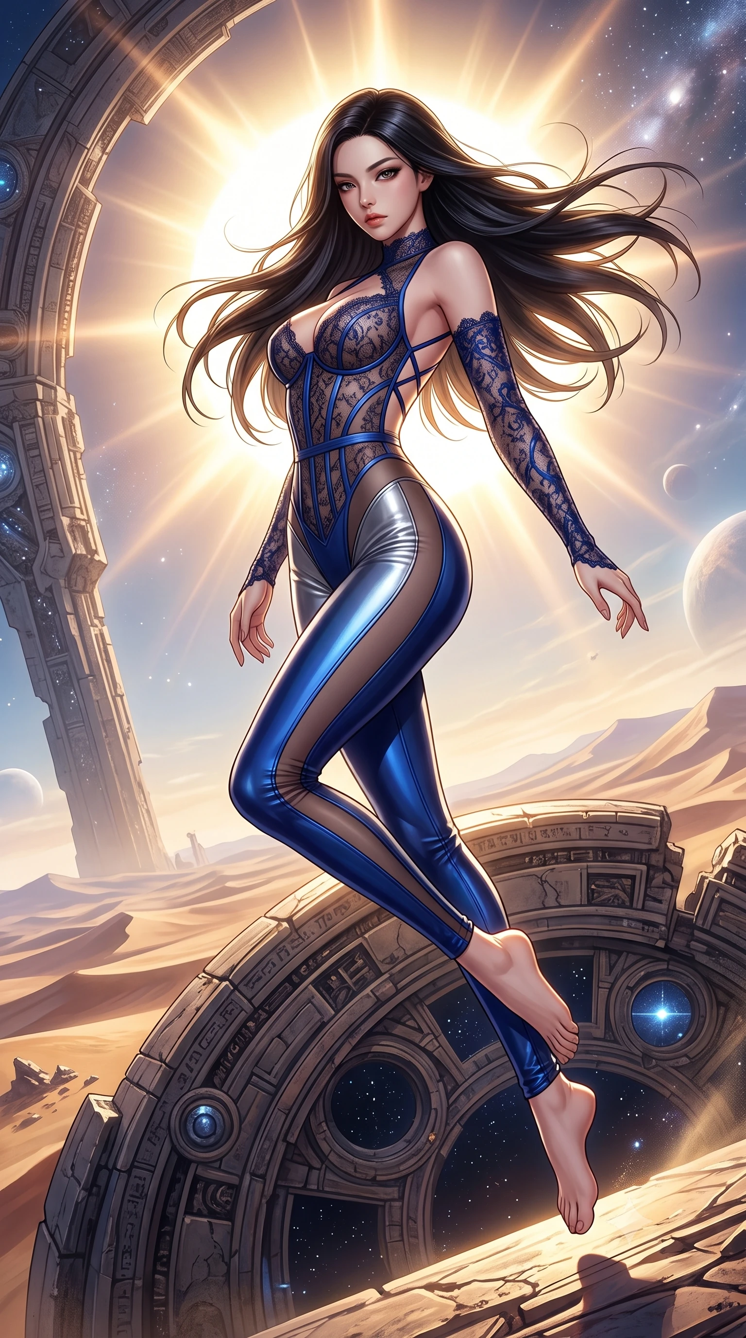score_9, masterpiece, best quality, ultra-detailed, high-budget anime keyframe, semi-realistic 3D game render, editorial fashion photography, tasteful artistic composition, Korean woman. low angle full-body shot from head to toe showing her feet, filling the entire 9:16 vertical frame with her statuesque presence, stretching her vertical silhouette. performing an alluring mid-air vault with flawless poise, looking directly into the camera with smoldering intensity while arching her spine in a powerful yet alluring stance against the desert winds as cosmic corona flares illuminate her silhouette. The surrounding environment is rendered in vivid detail and crisp panoramic clarity. dramatic chiaroscuro lighting and monumental cosmic architecture rendered in panoramic precision. She has an absolutely perfect, statuesque 8.5-heads proportion, an exceptionally tall and slender model-like female figure with impossibly long slender legs, a toned flat midriff, and an ultra-slim waist. sharp v-shaped jawline, high-bridge nose, intricate jewel-like eyes with depth, thick eyelashes, glossy lips with a natural sheen, flawlessly proportioned anatomical accuracy, strict slender model proportions, natural body alignment, perfectly sculpted long slender limbs, ultra-slim waistline, clean dynamic posture without body distortion. wearing a sheer dark lace pattern bodysuit with structured corsetry boning, sheer contouring side panels, and detached lace sleeves in liquid electric cobalt blue and polished silver, made of liquid metal jersey that clings flawlessly to every contour of her build, complemented by criss-cross back straps highlighting her completely bare spine, the sleek second-skin cut tightly hugging her graceful clavicle, narrow waist, and feminine curves with athletic precision. bathed in blazing golden-white solar corona backlighting with deep obsidian shadow contrast. highly saturated vibrant anime colors, detailed shading with soft gradients, rich glossy textures, high-contrast stereoscopic depth, volumetric dynamic lighting, master piece, 9:16 ratio